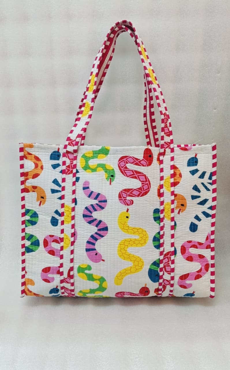Handblock Printed Quilted Tote Bag without zip/button 17x18x 6 inches