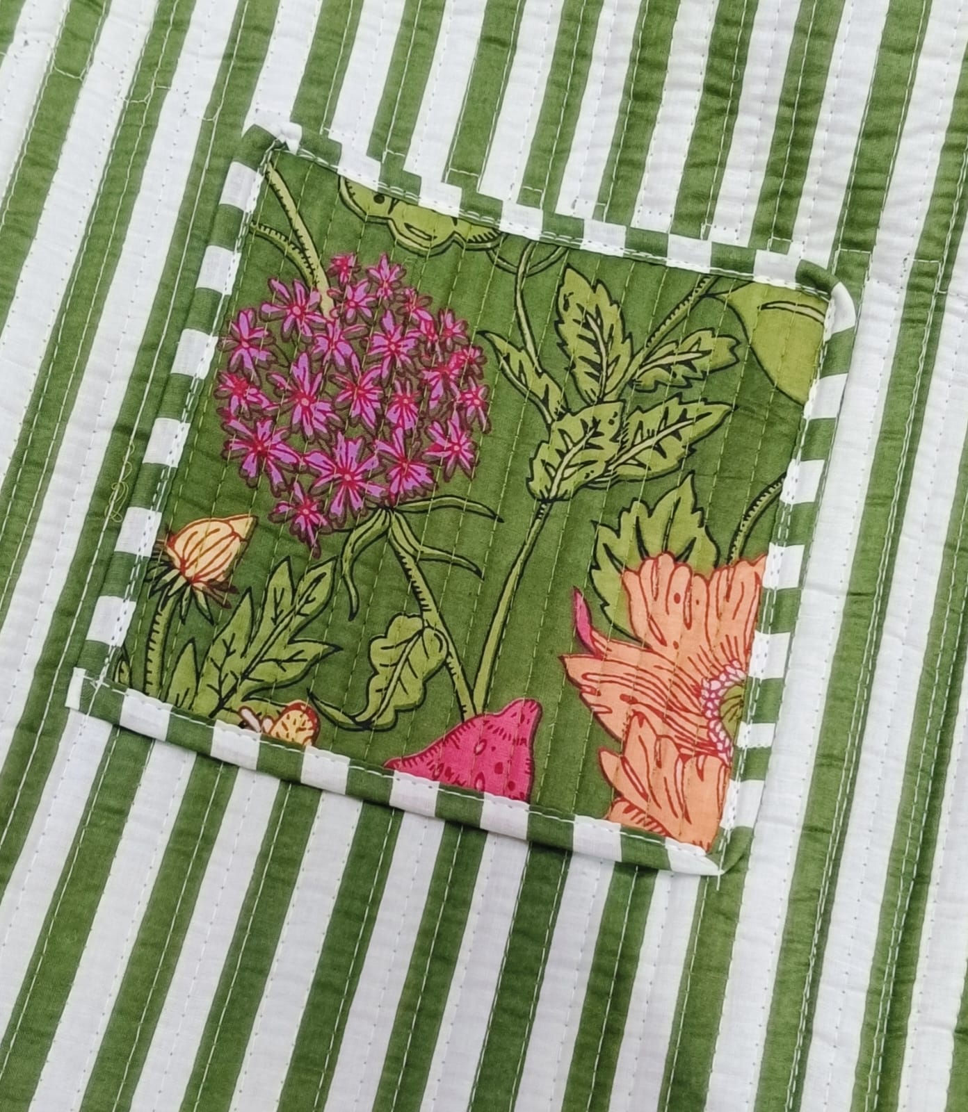 Handblock Printed Quilted Tote Bag without zip/button 17x18x 6 inches