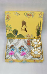 Diwali Gift Box | 1 Super Soft Percale Bedsheet, 1 Pair Door Hanging, 2 Metal Diyas, 2 Laddoo Candles