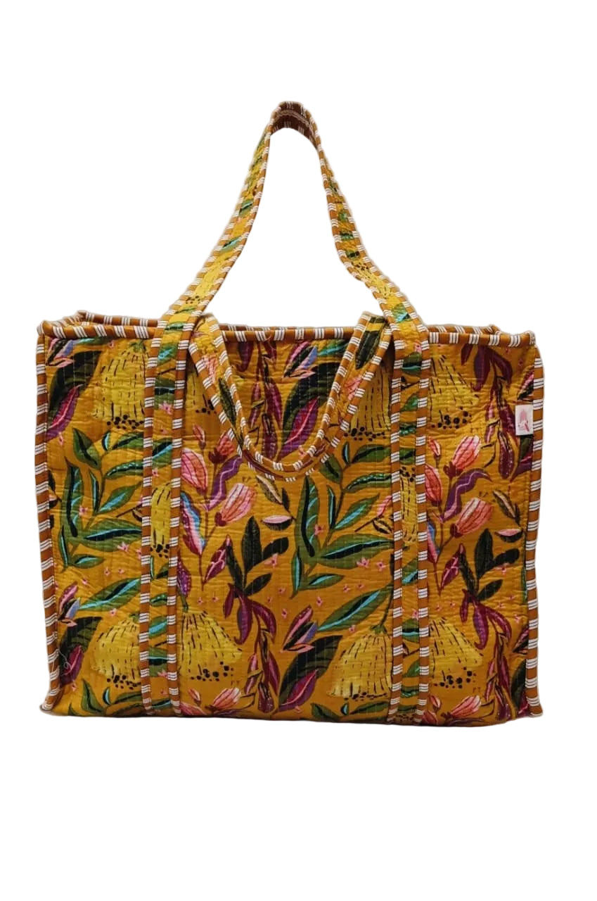 Handblock Printed Quilted Tote Bag with concealed zip ( 17x18x 6 inches)