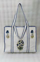 Classic White Block Printed Quilted Tote Bag without zip/button 17x18x 6 inches
