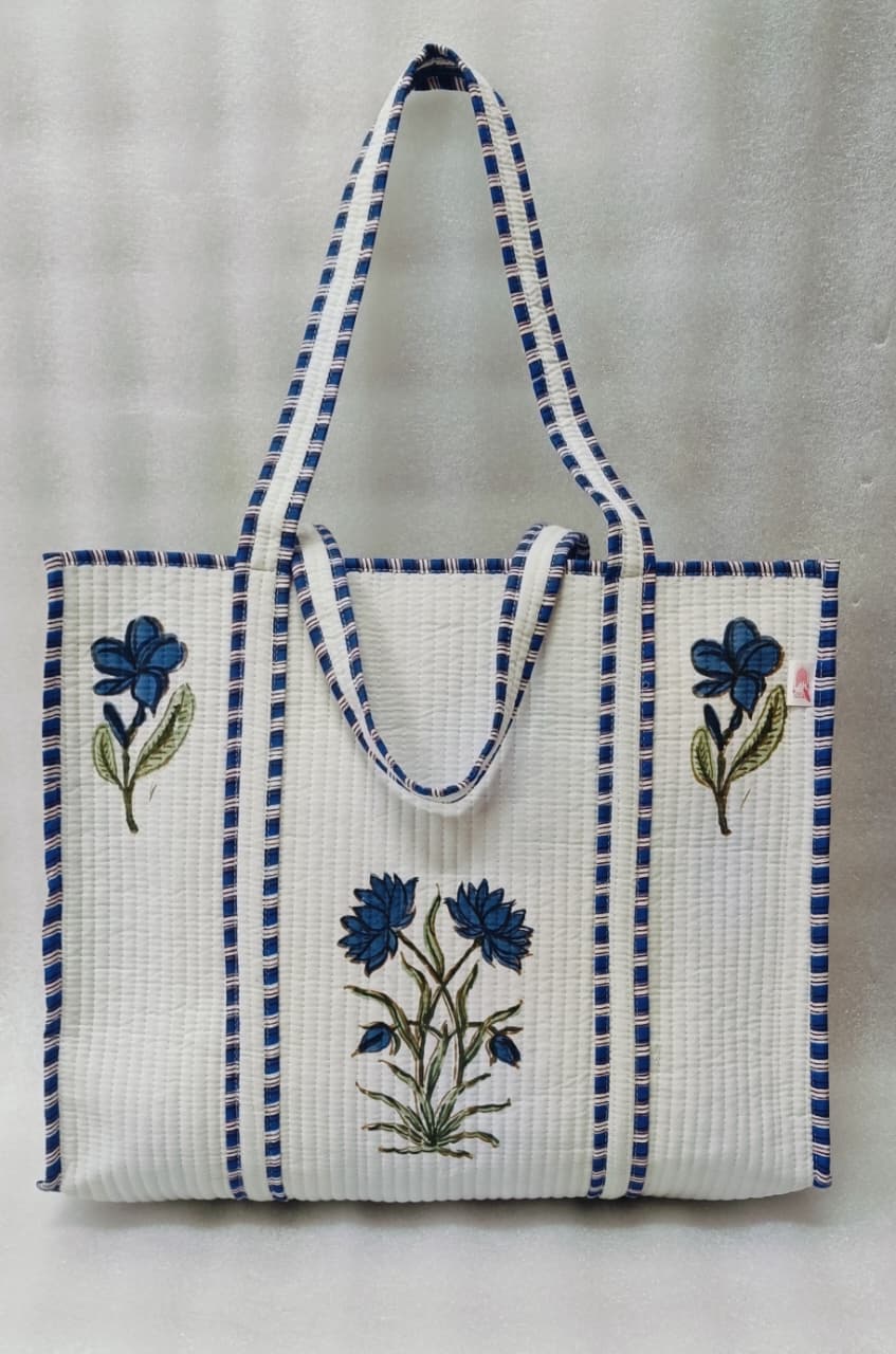 Classic White Block Printed Quilted Tote Bag without zip/button 17x18x 6 inches