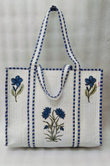 Classic White Block Printed Quilted Tote Bag without zip/button 17x18x 6 inches