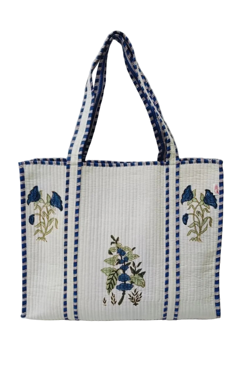 Classic White Block Printed Quilted Tote Bag without zip/button 17x18x 6 inches