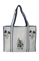 Classic White Block Printed Quilted Tote Bag without zip/button 17x18x 6 inches