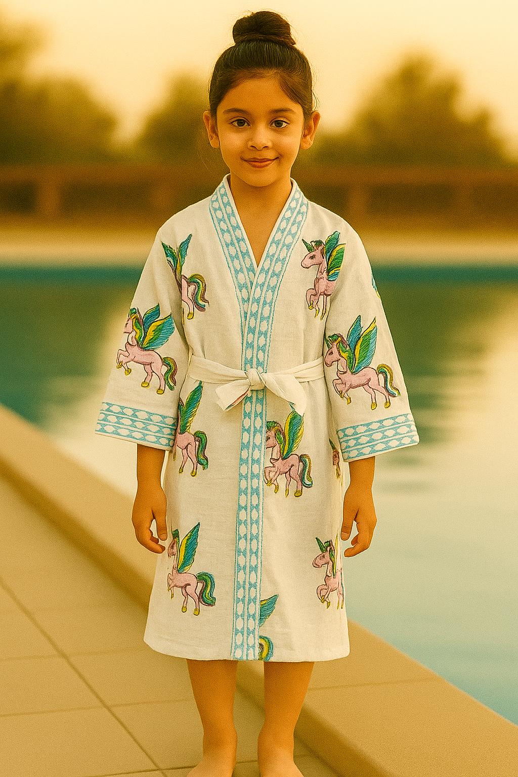 Handblock printed waffle cotton bathrobe for kids - 4-13 years old