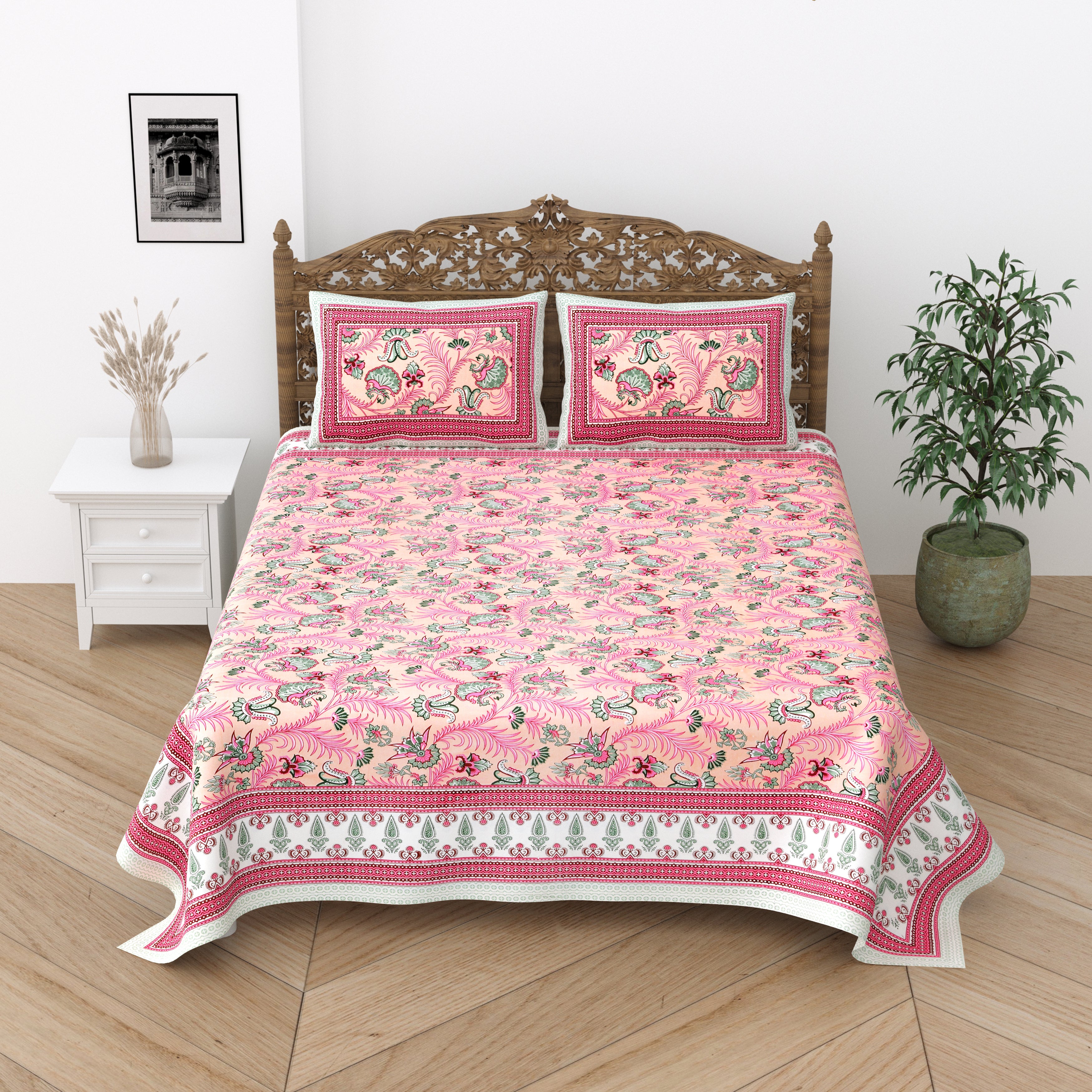 Floral Print Cotton Double King Bedsheet with 2 Pillow Covers