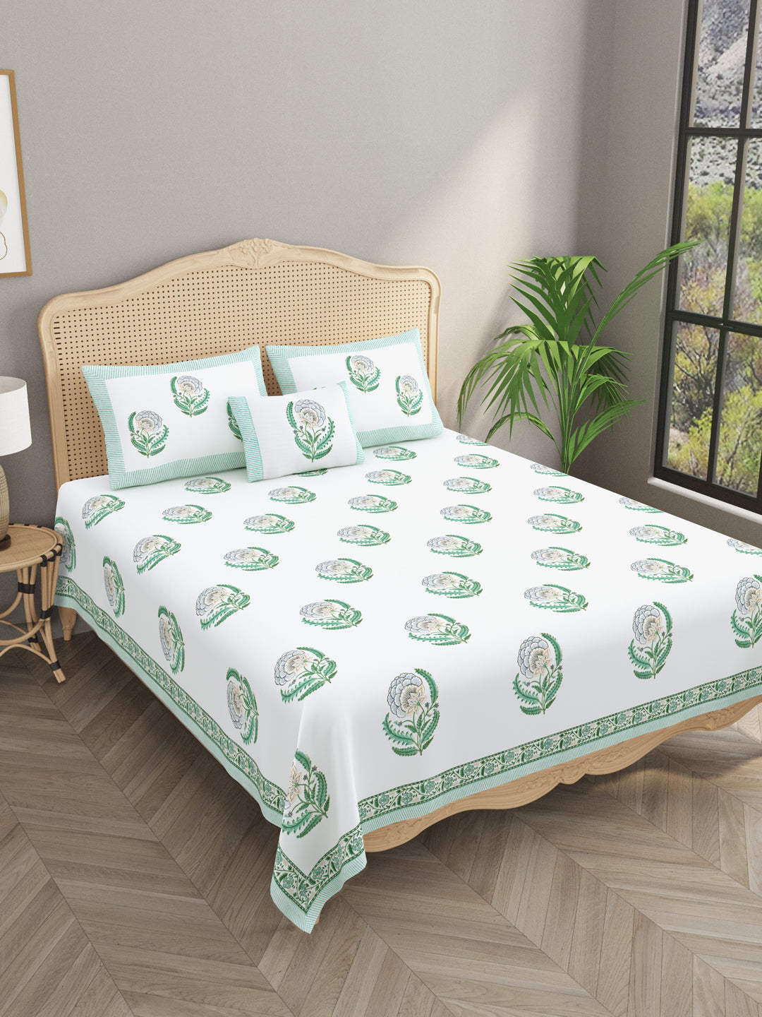 Extra Soft Percale Cotton Super King Handblock Print Bedsheet with 2 Pillow Covers + 1 Sham Pillow Cover