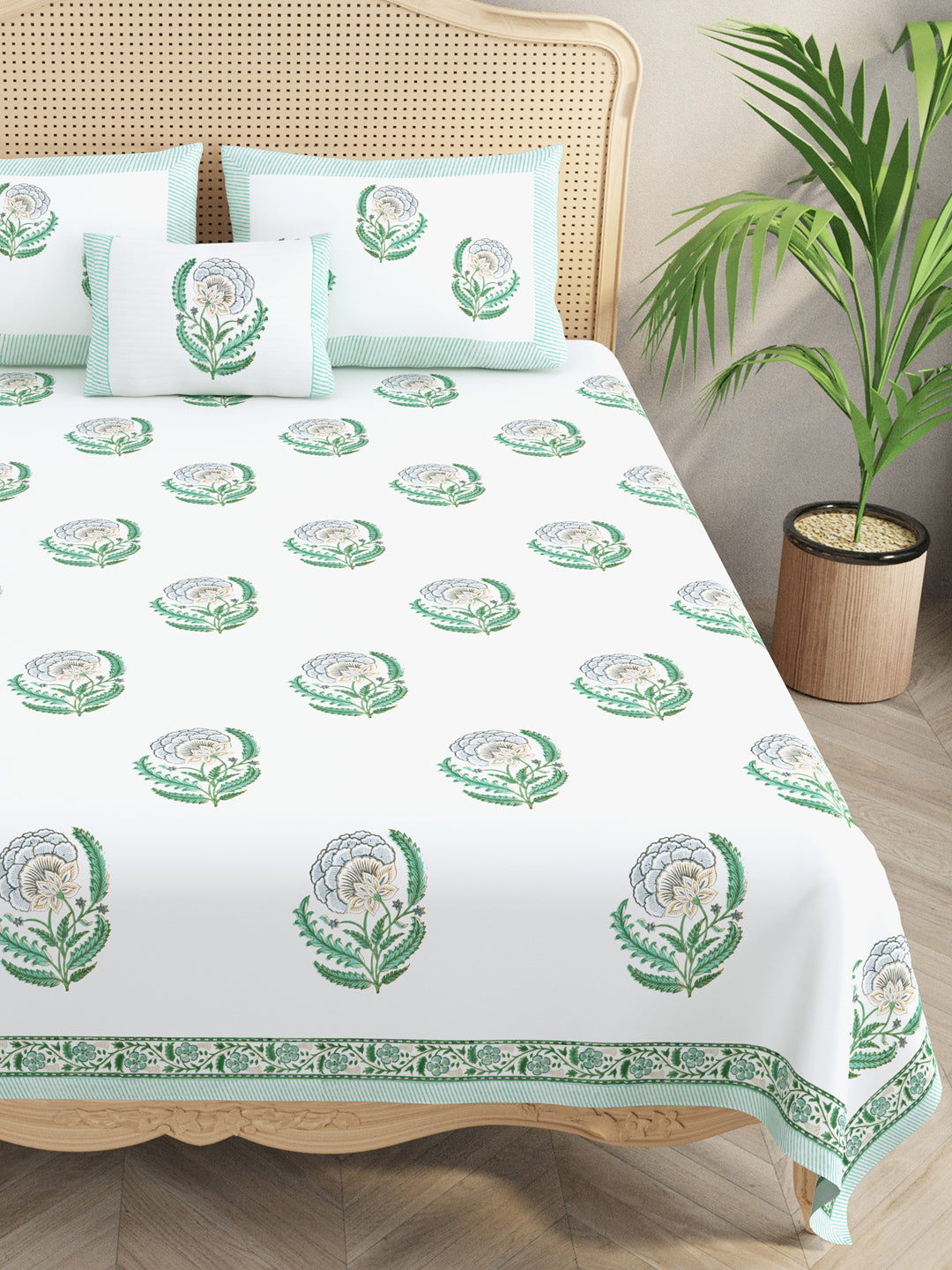 Extra Soft Percale Cotton Super King Handblock Print Bedsheet with 2 Pillow Covers + 1 Sham Pillow Cover