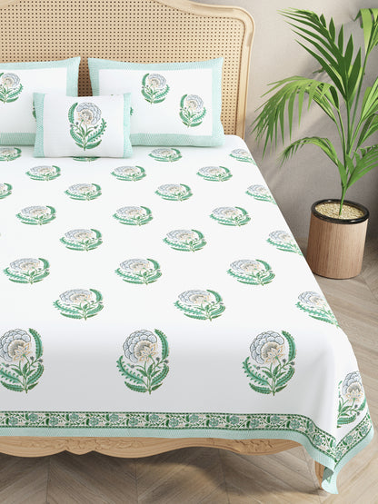 Extra Soft Percale Cotton Super King Handblock Print Bedsheet with 2 Pillow Covers + 1 Sham Pillow Cover