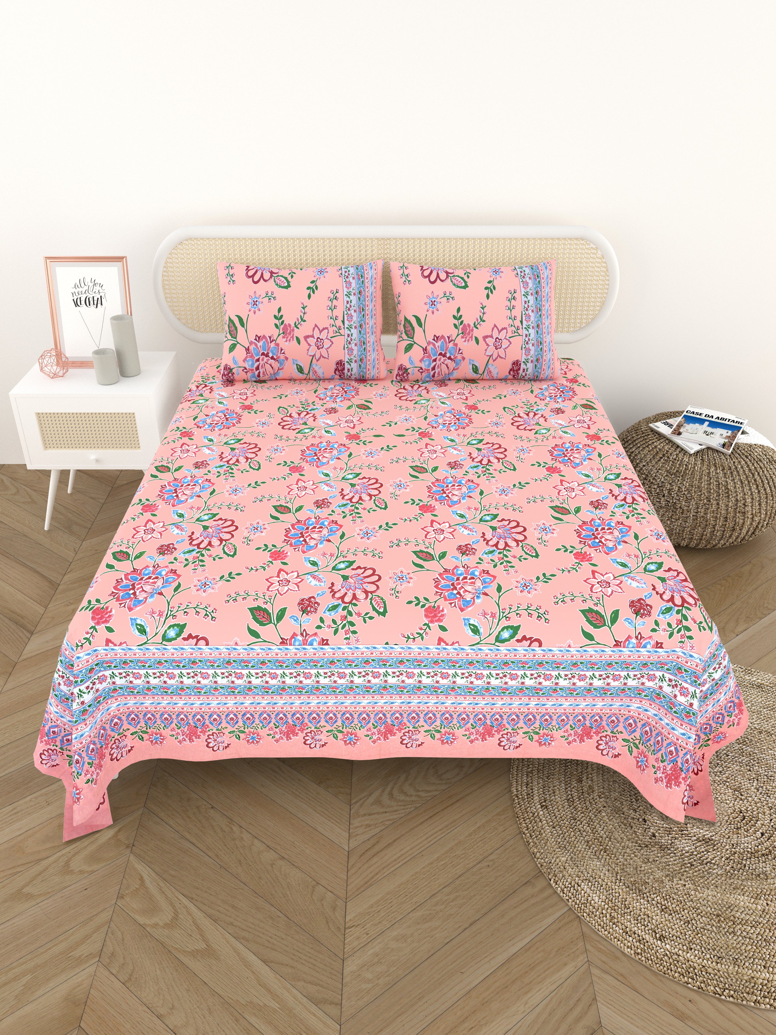 Cotton Printed Bedsheet with 2 Pillow Covers - (108 x 108 Inch)