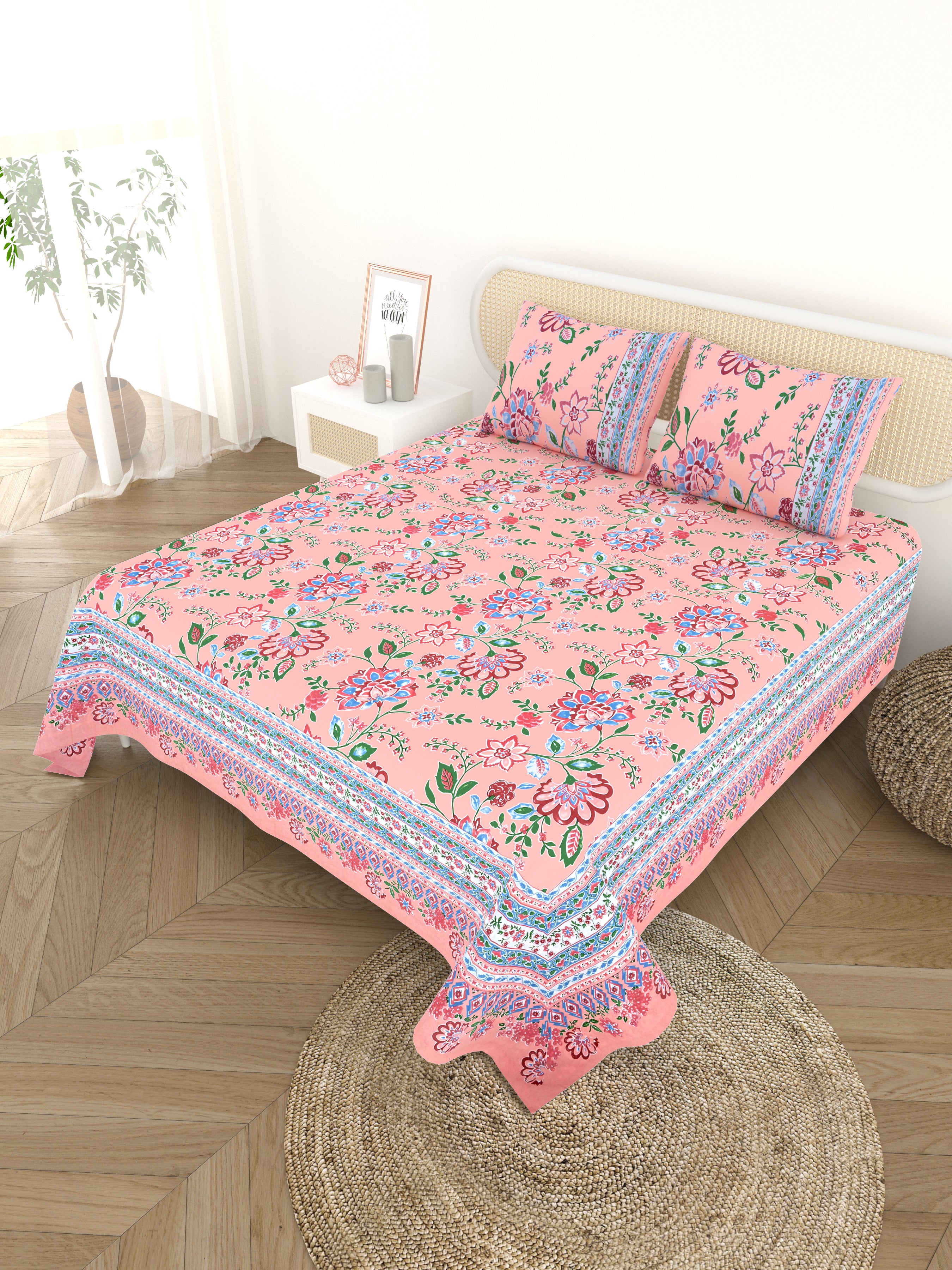 Cotton Printed Bedsheet with 2 Pillow Covers - (108 x 108 Inch)