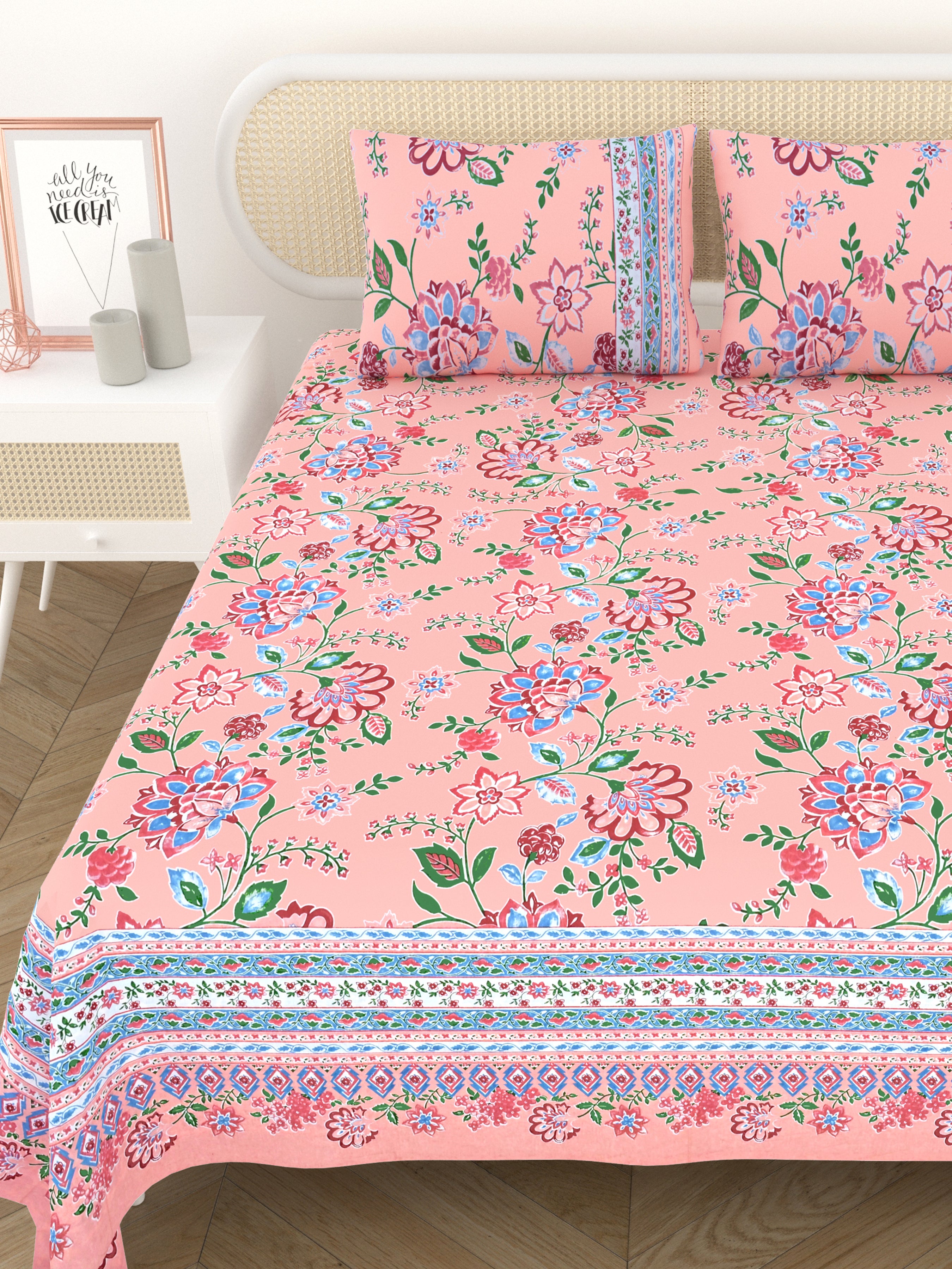 Cotton Printed Bedsheet with 2 Pillow Covers - (108 x 108 Inch)