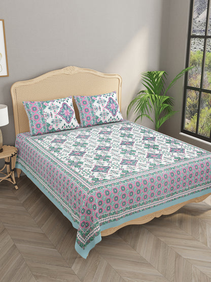 Floral Print Super King Cotton Bedsheet with 2 Pillow Covers