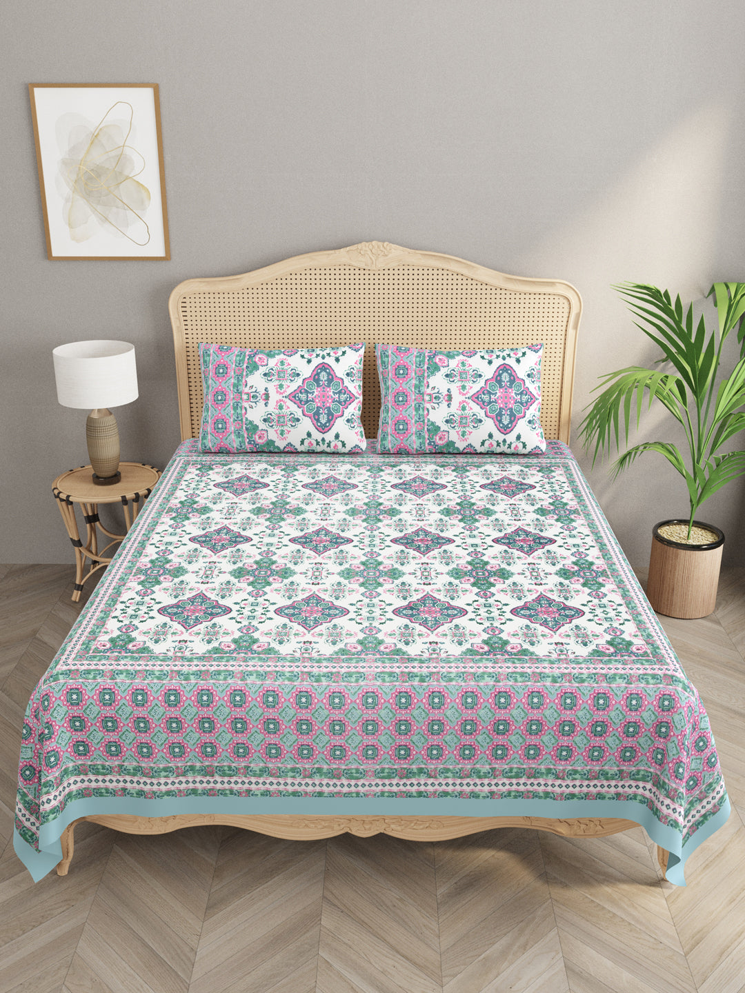 Floral Print Super King Cotton Bedsheet with 2 Pillow Covers