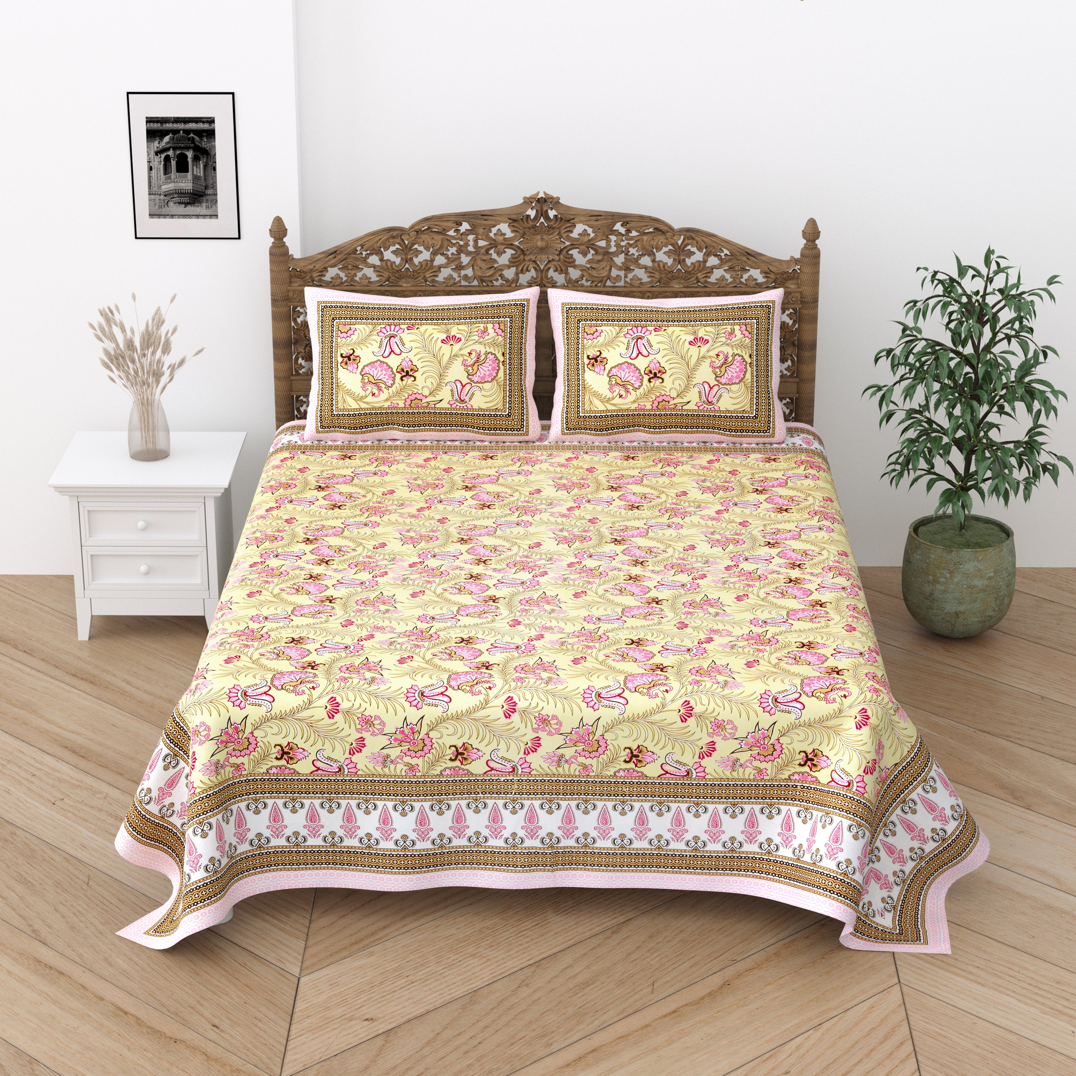 Floral Print Cotton Double King Bedsheet with 2 Pillow Covers