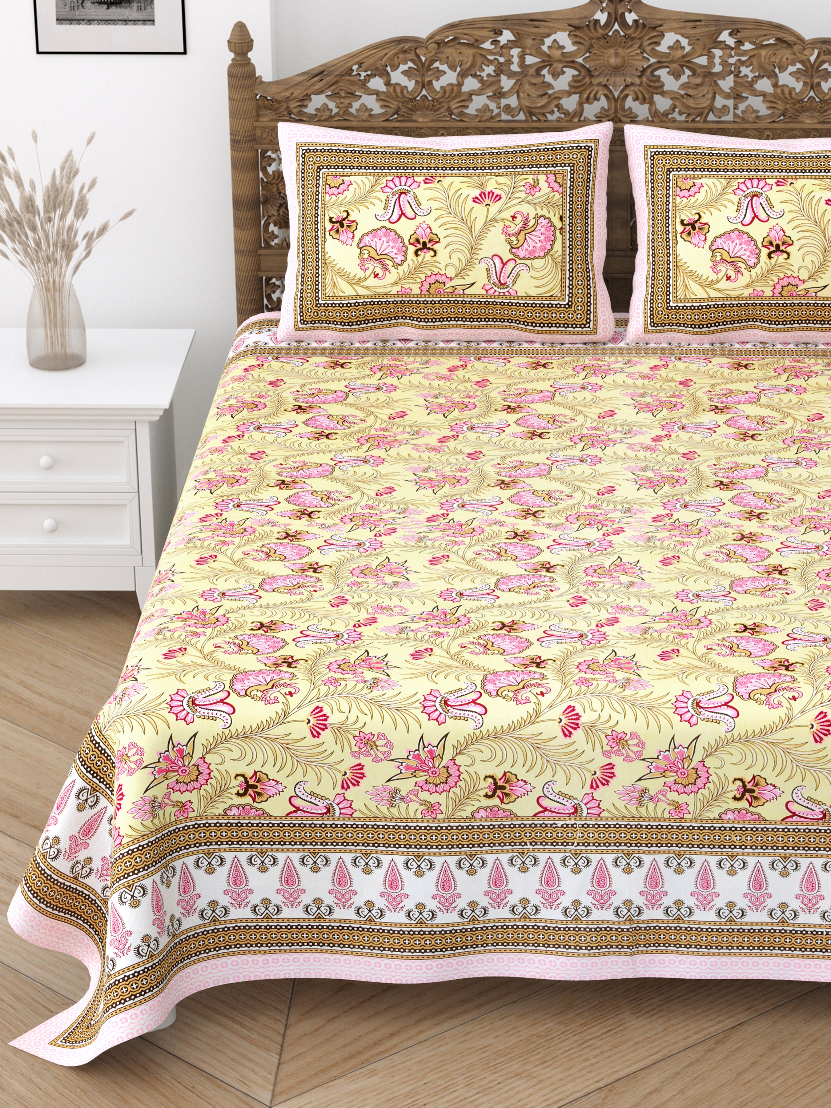 Floral Print Cotton Double King Bedsheet with 2 Pillow Covers