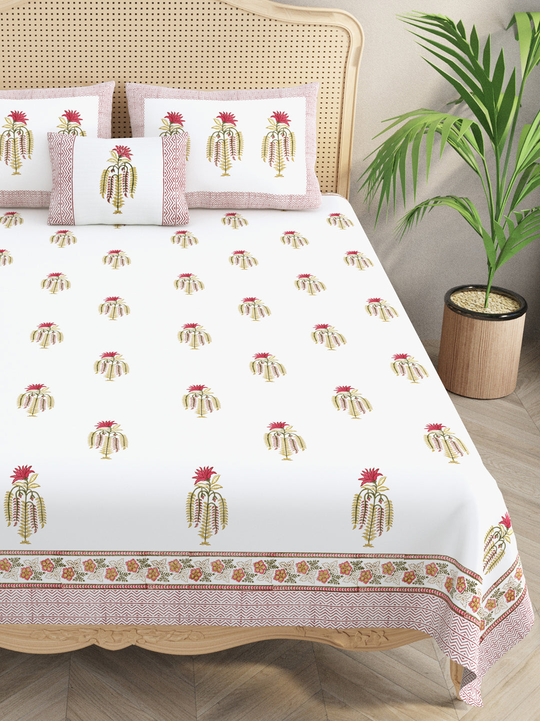 Extra Soft Percale Cotton Super King Handblock Print Bedsheet with 2 Pillow Covers + 1 Sham Pillow Cover