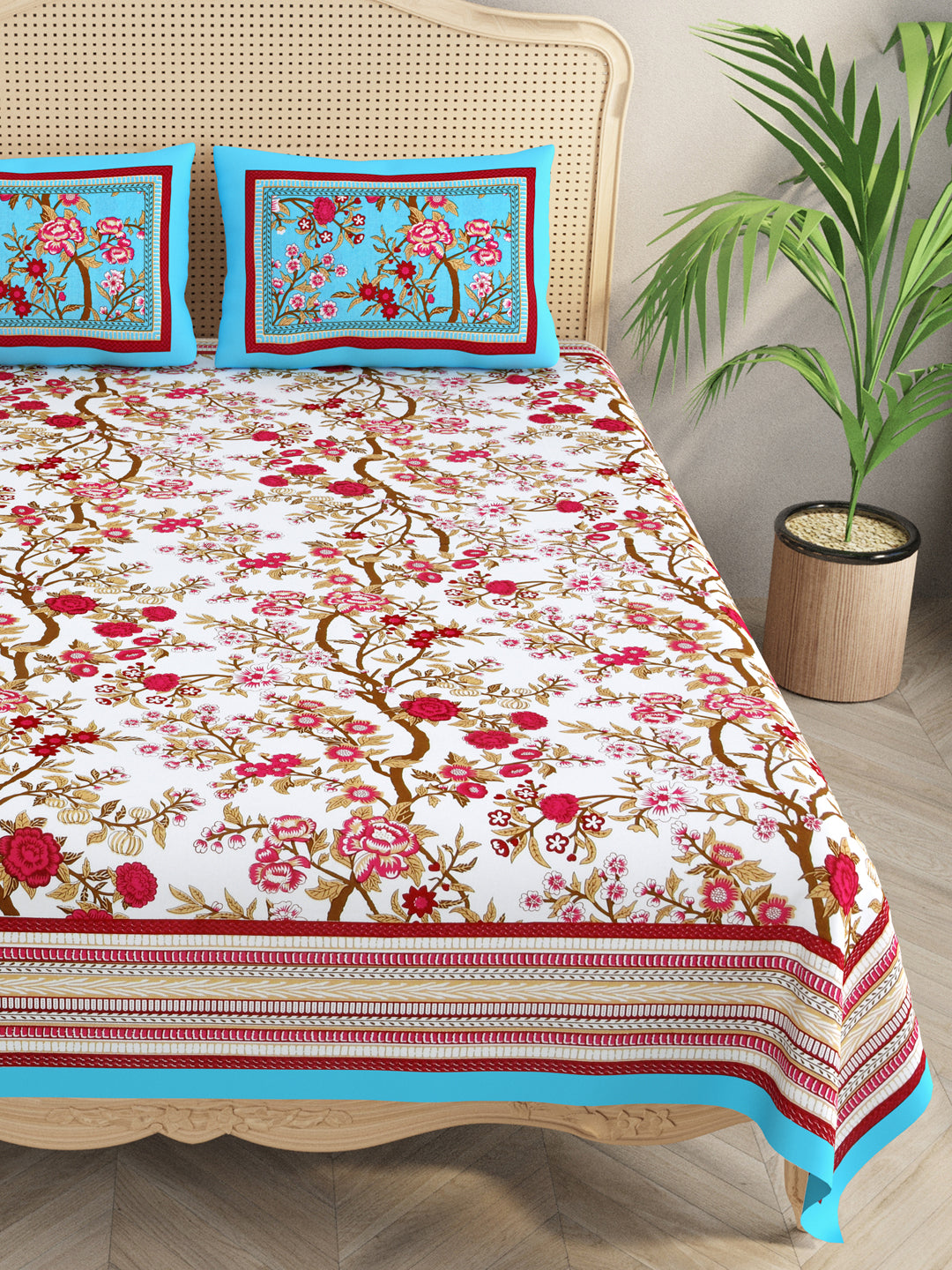 Floral Print Cotton Double King Bedsheet with 2 Pillow Covers