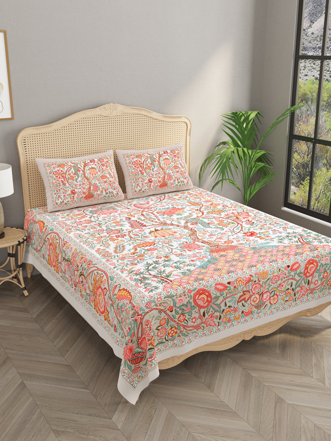 Floral Print Cotton Double King Bedsheet with 2 Pillow Covers