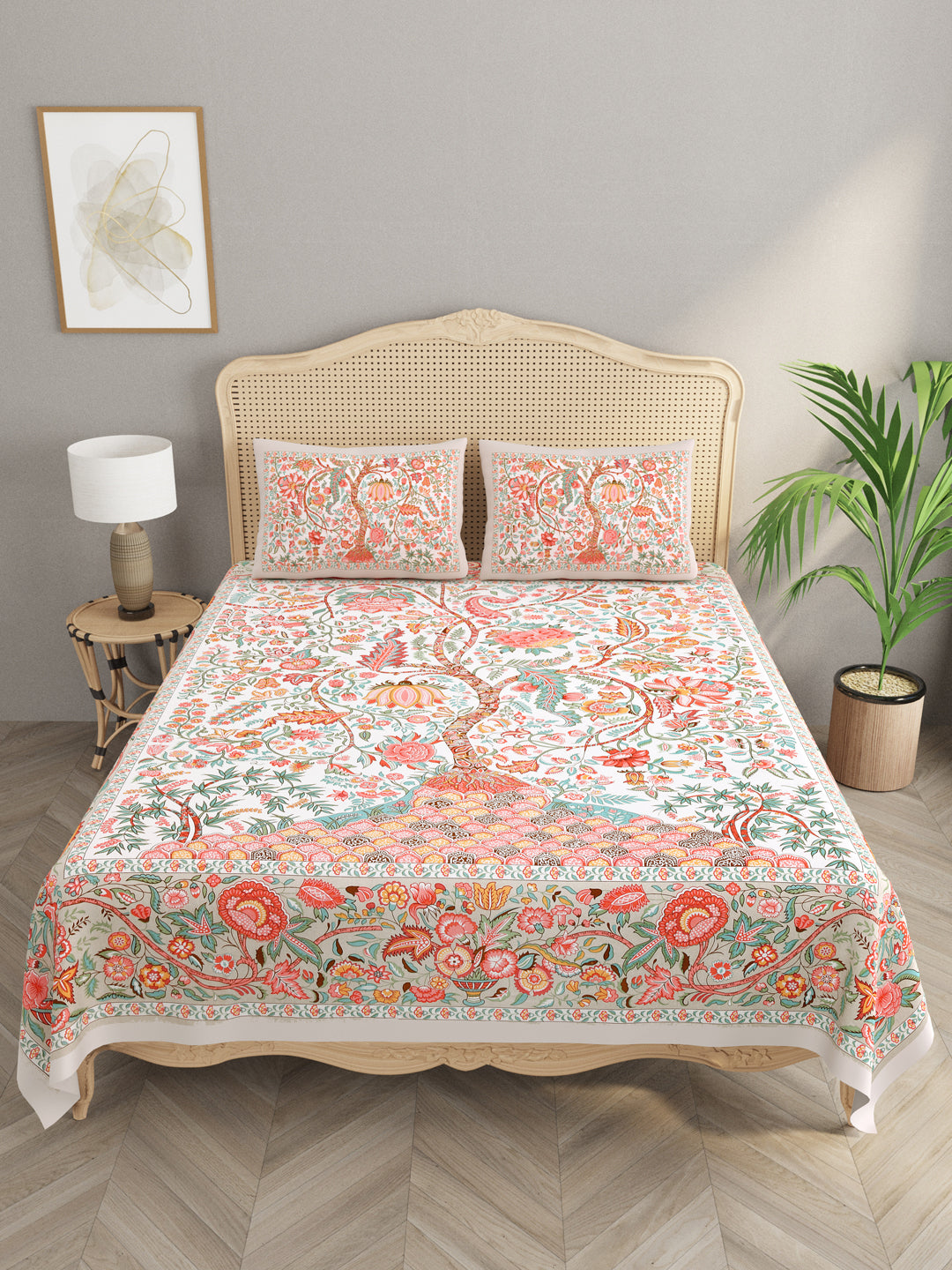 Floral Print Cotton Double King Bedsheet with 2 Pillow Covers