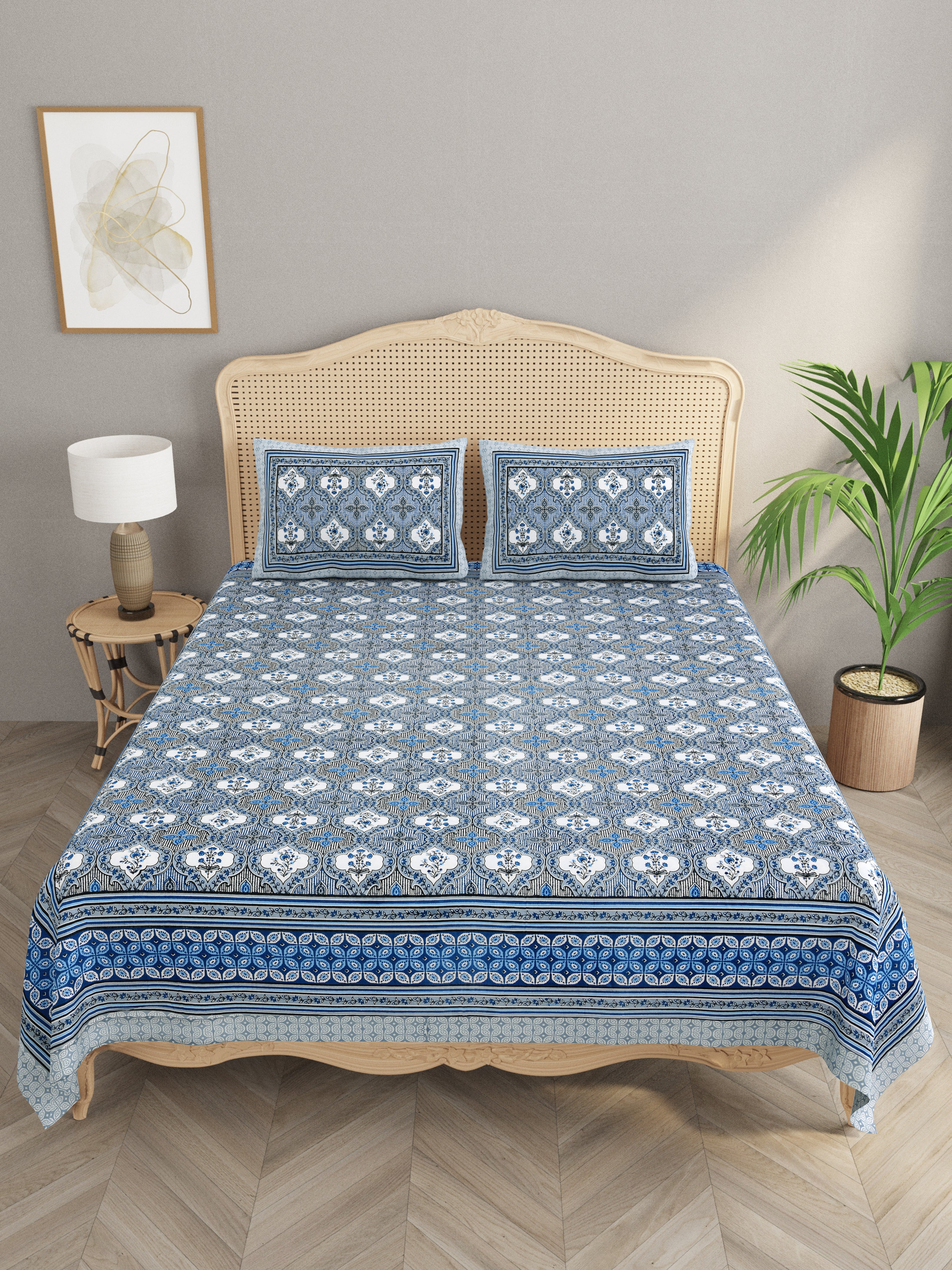 Floral Print Cotton Double King Bedsheet with 2 Pillow Covers