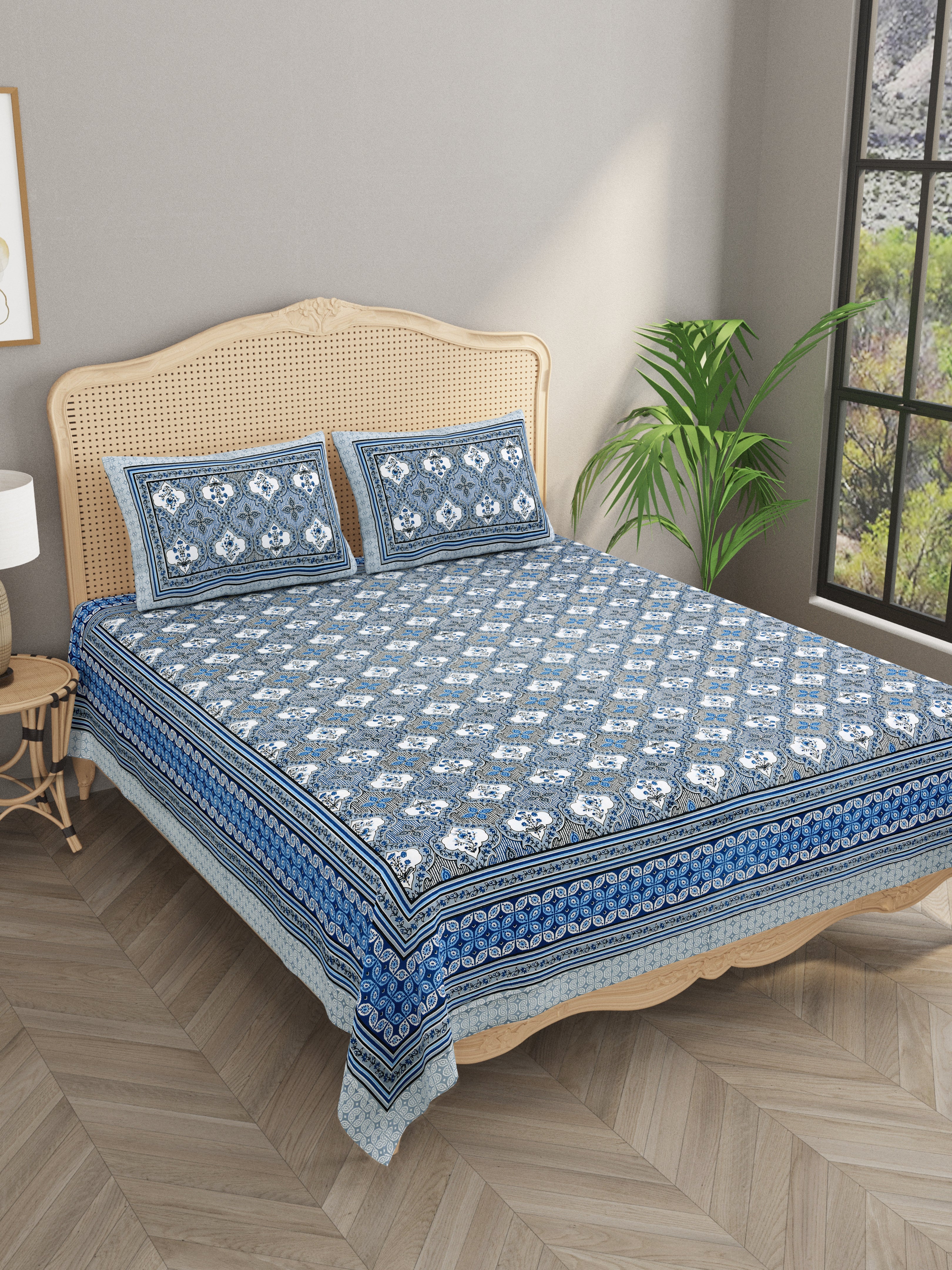 Floral Print Cotton Double King Bedsheet with 2 Pillow Covers