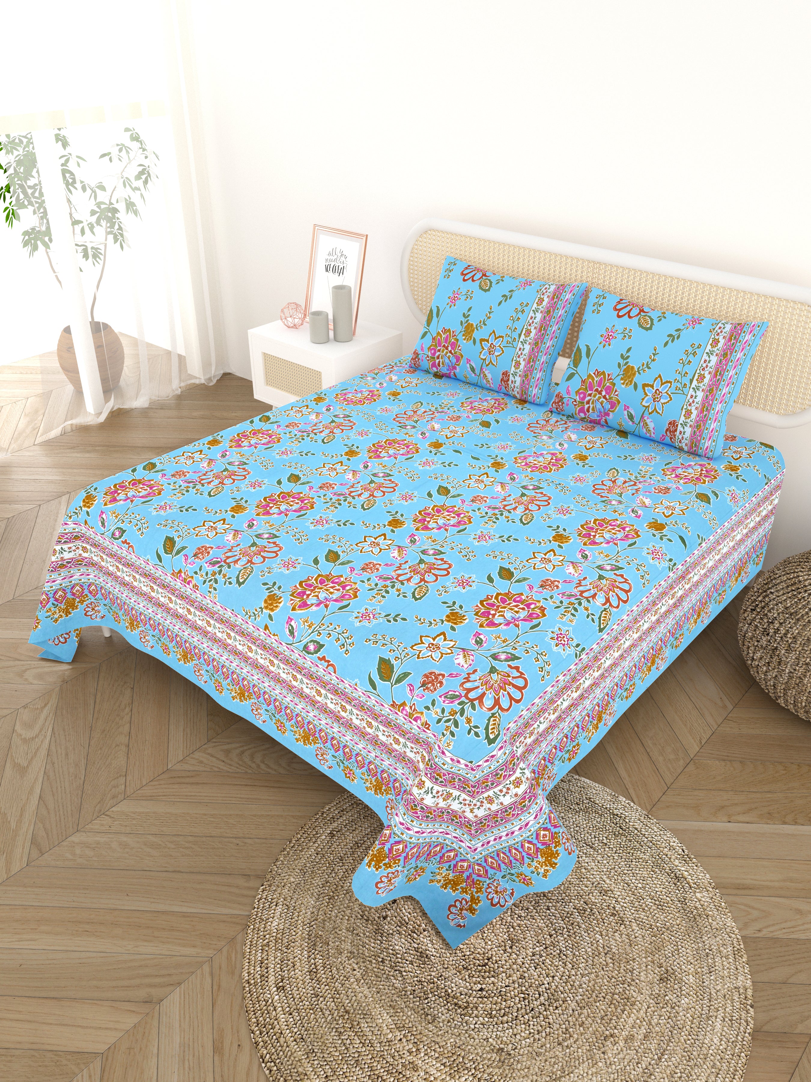 Cotton Printed Bedsheet with 2 Pillow Covers - (108 x 108 Inch)