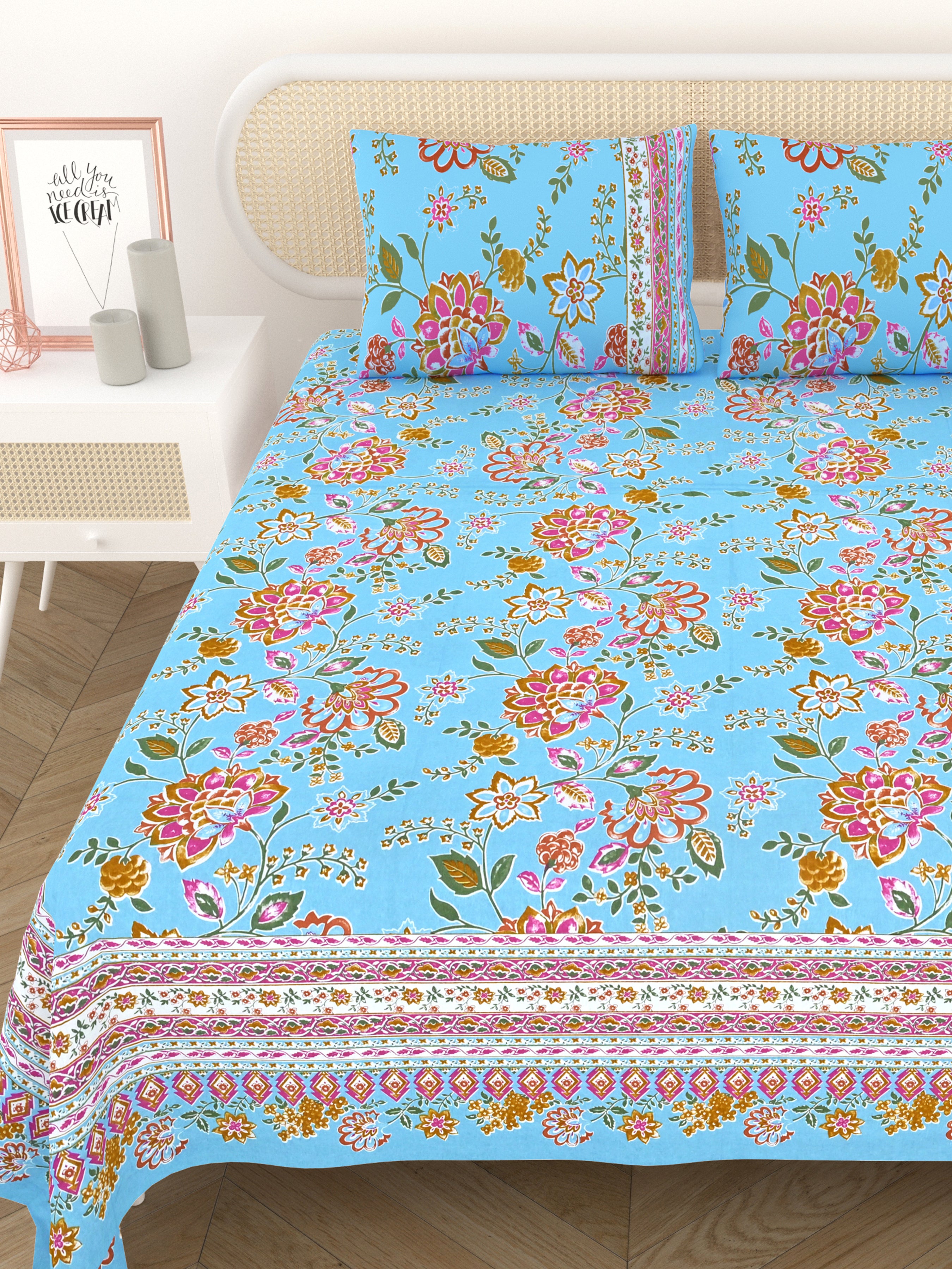 Cotton Printed Bedsheet with 2 Pillow Covers - (108 x 108 Inch)