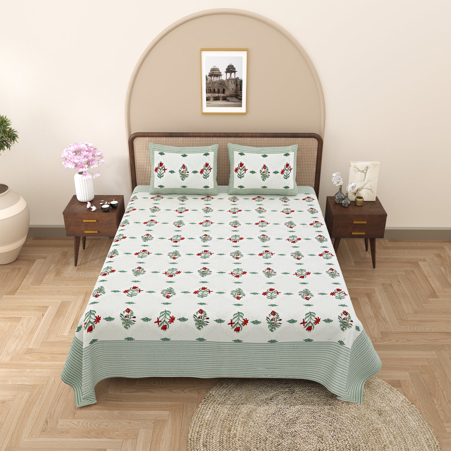 Floral Print Cotton Double King Bedsheet with 2 Pillow Covers