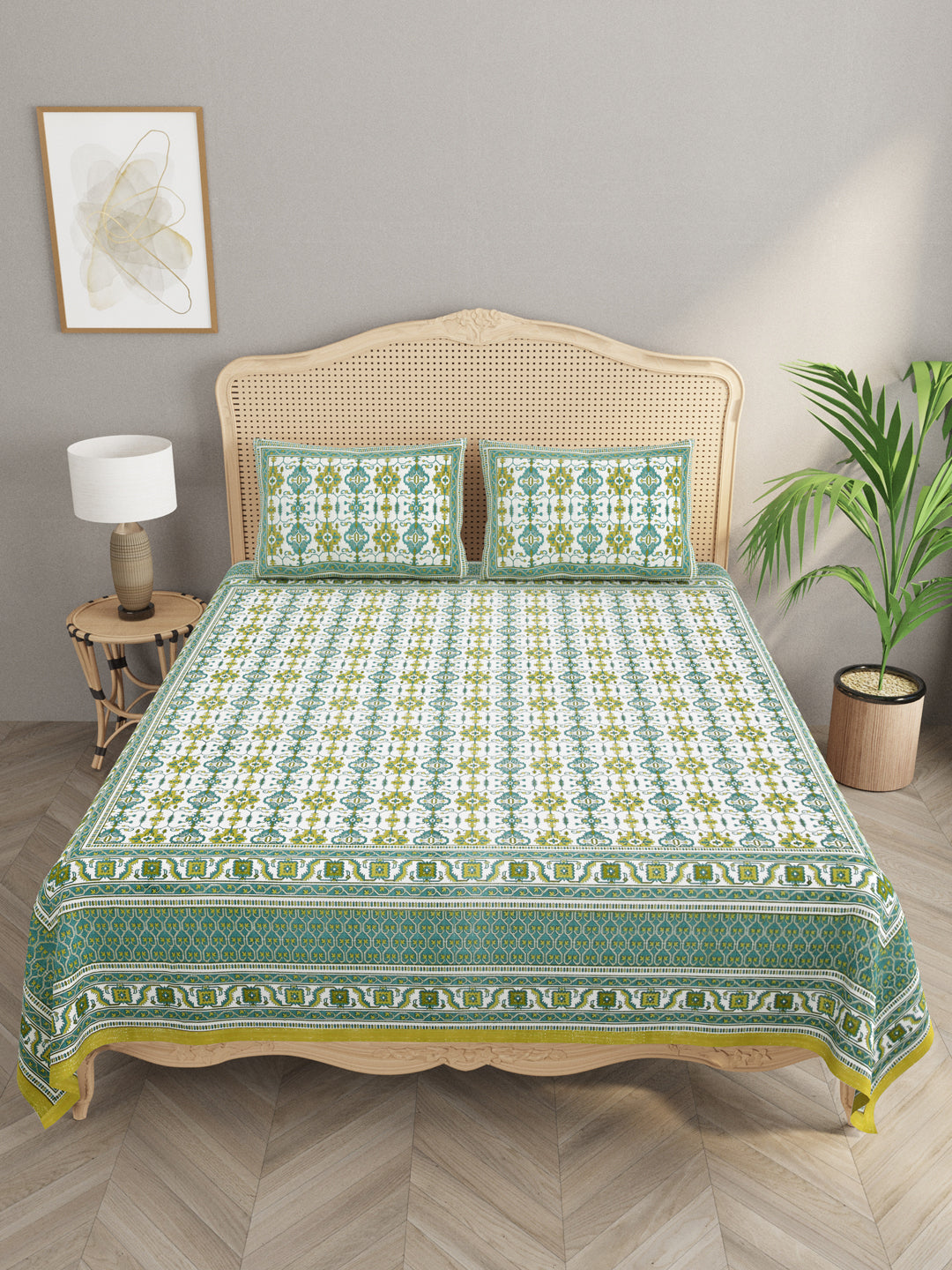 Diwali Gift Box – Premium Super King Cotton Bedsheet, 2 Rakhi & 6 Beaded Coasters