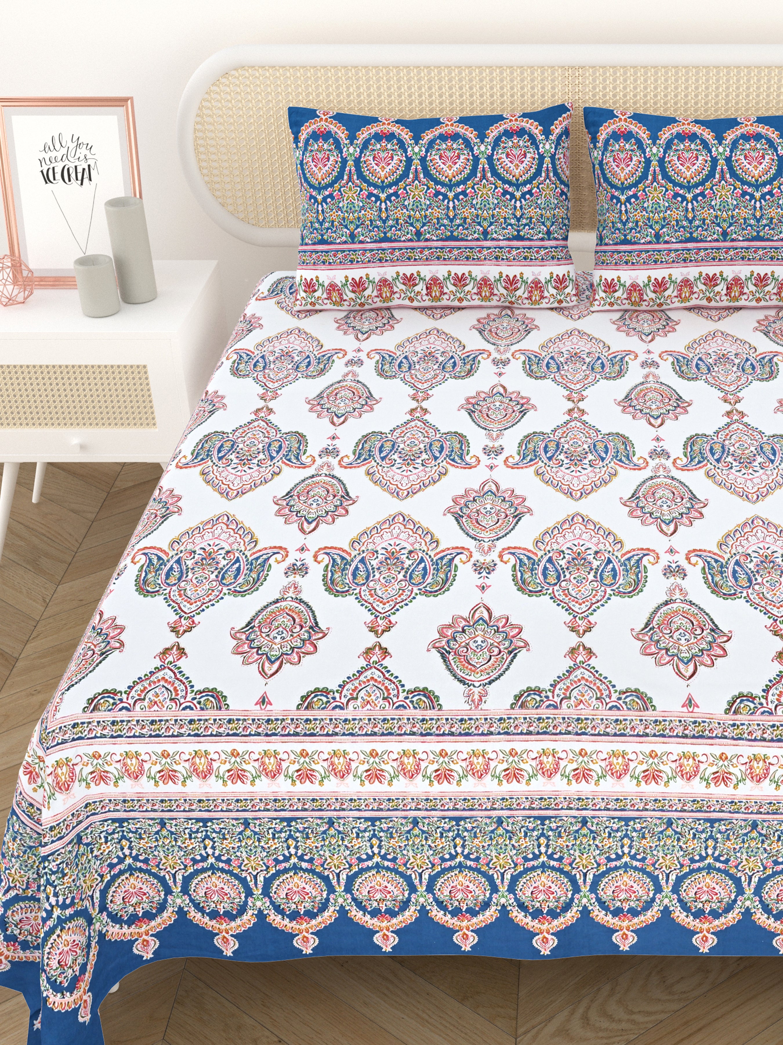 Cotton Printed Bedsheet with 2 Pillow Covers - (108 x 108 Inch)