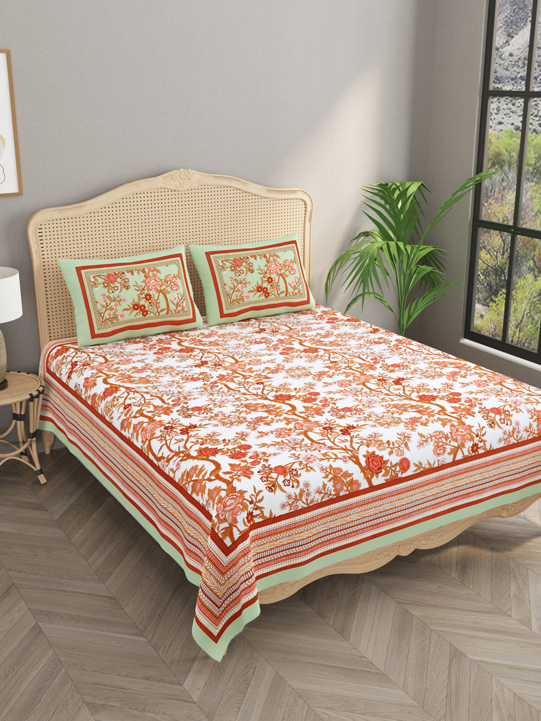 Floral Print Cotton Double King Bedsheet with 2 Pillow Covers