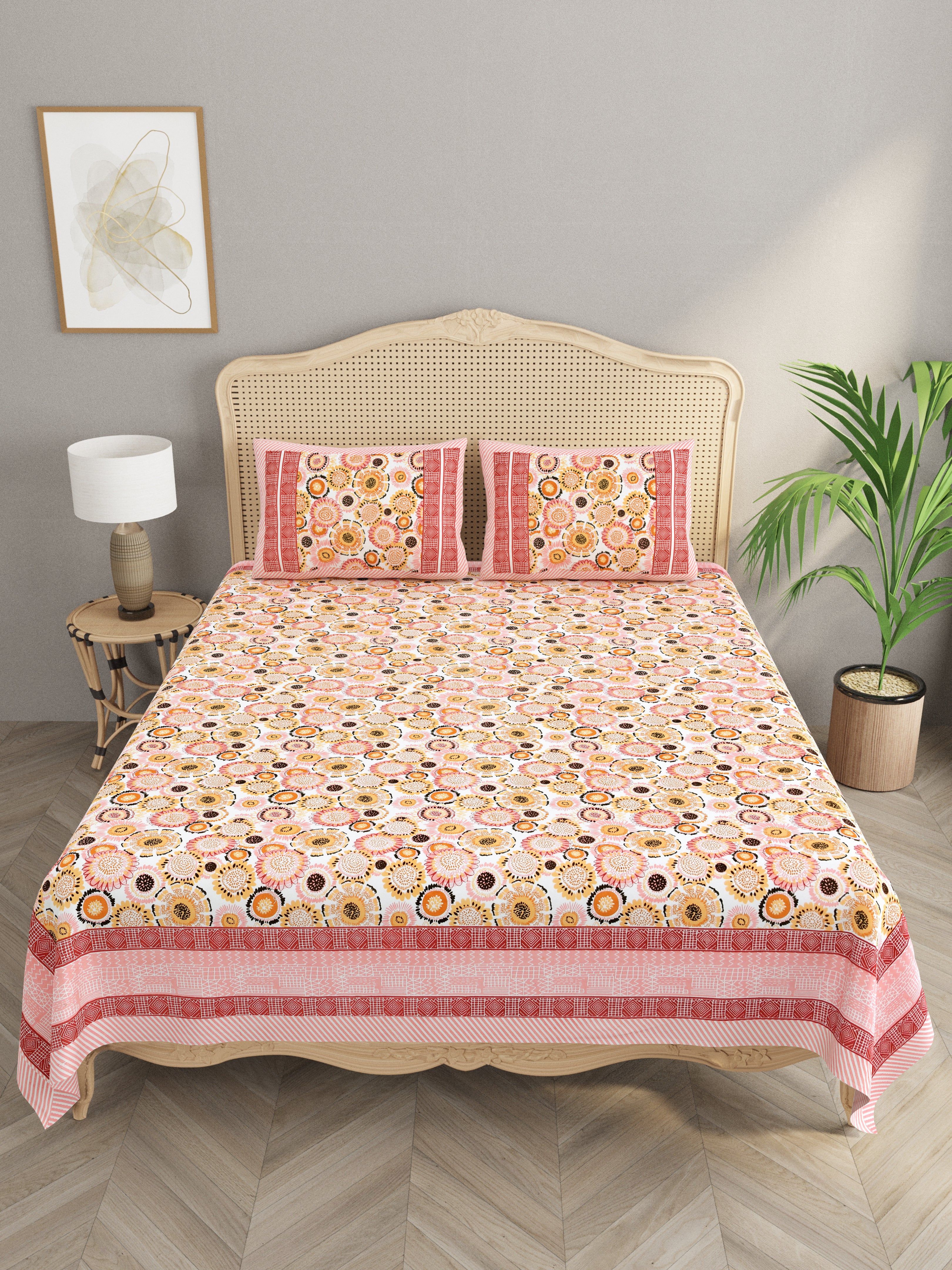 Floral Print Cotton Double King Bedsheet with 2 Pillow Covers