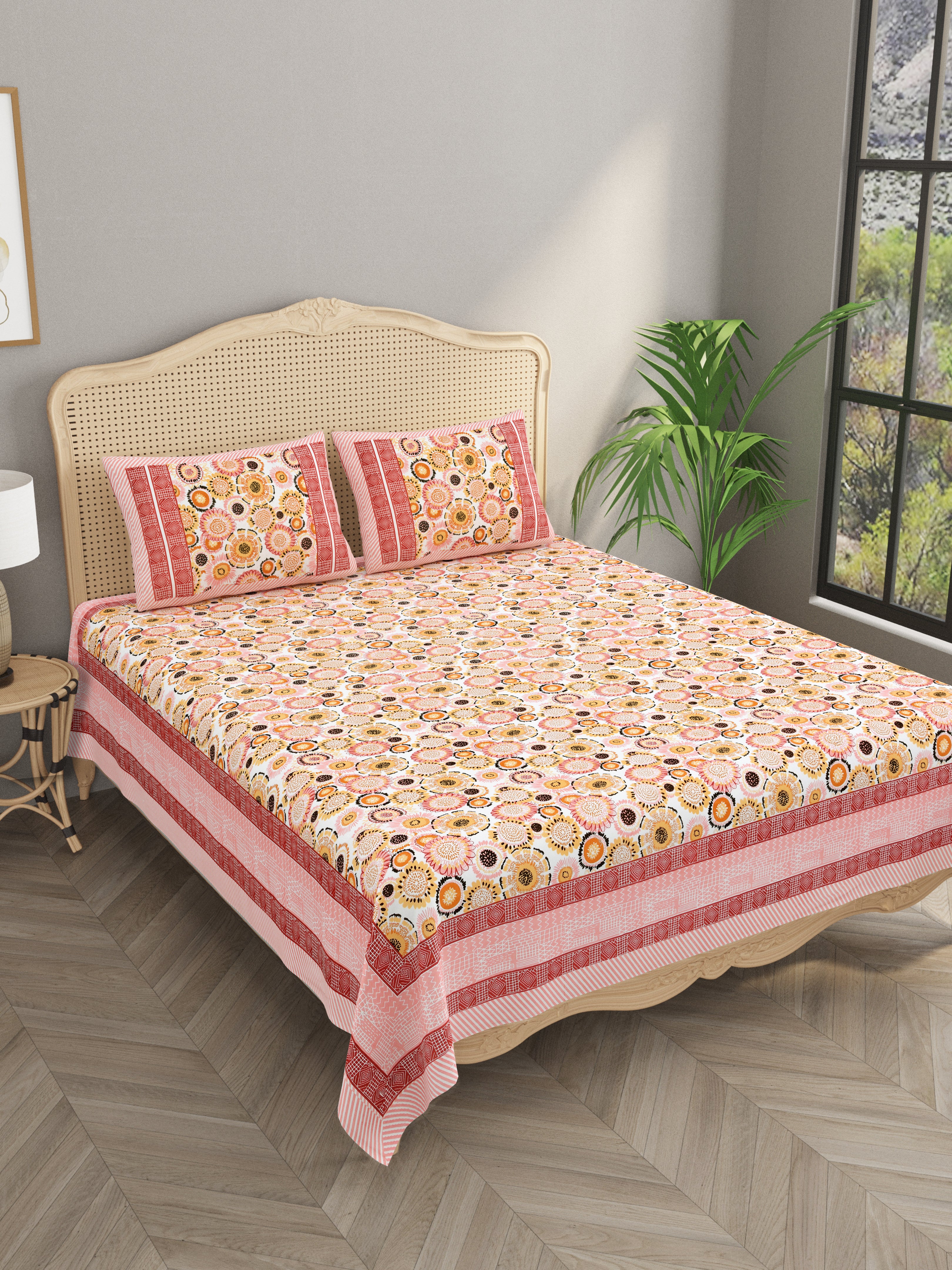 Floral Print Cotton Double King Bedsheet with 2 Pillow Covers