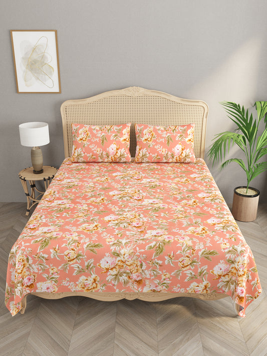 Premium Glaze Cotton Floral Print Super King Bedsheet with 2 Pillow Covers