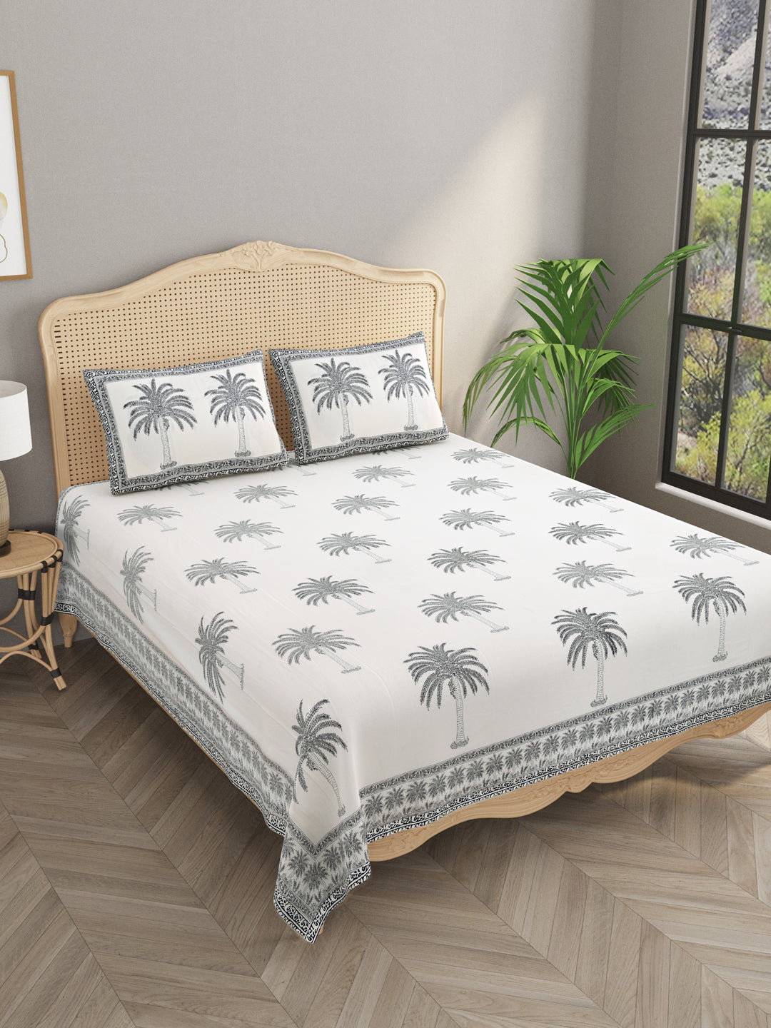 00 Handblock Print Super King Bedsheet in Extra Soft Percale Cotton with 2 Pillow covers