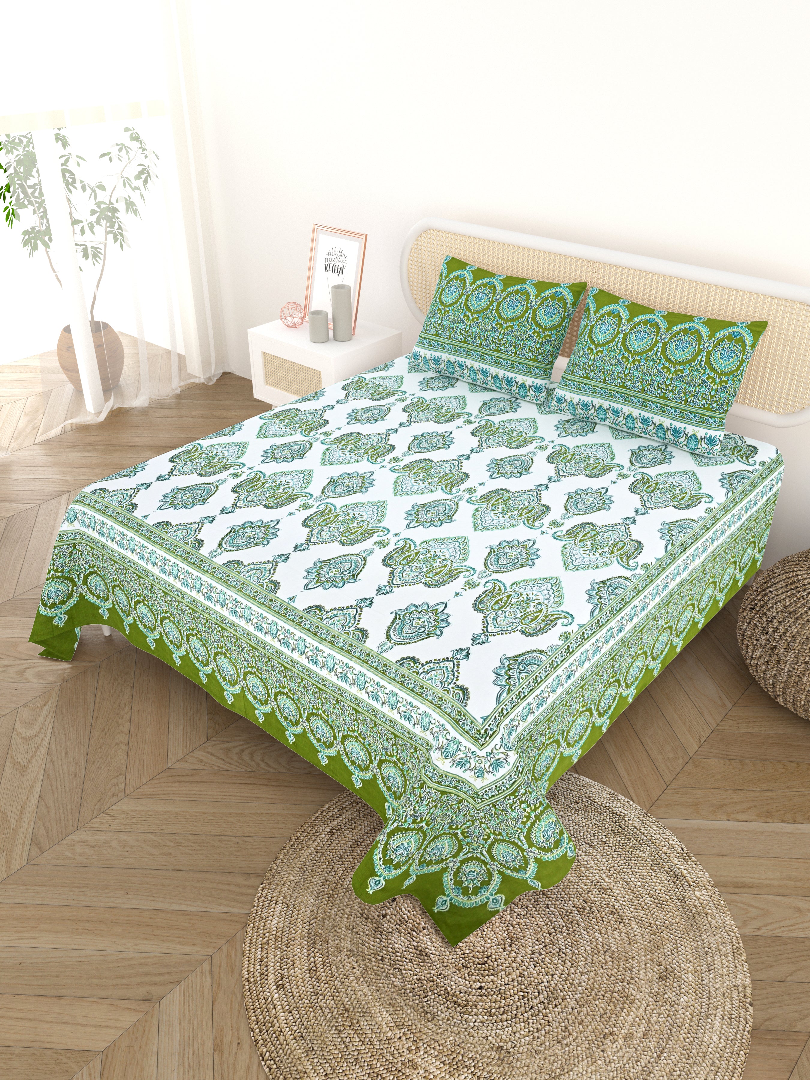 Cotton Printed Bedsheet with 2 Pillow Covers - (108 x 108 Inch)