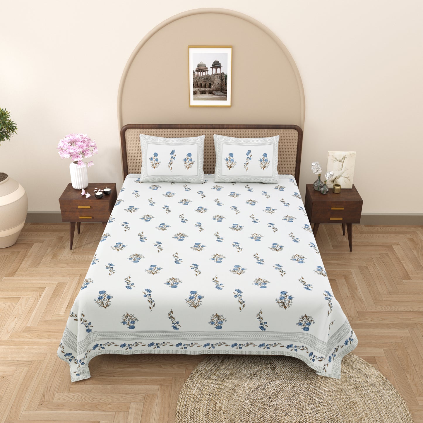 Floral Print Cotton Double King Bedsheet with 2 Pillow Covers