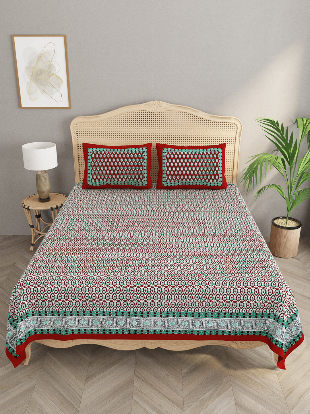 Floral Print Cotton Double King Bedsheet with 2 Pillow Covers