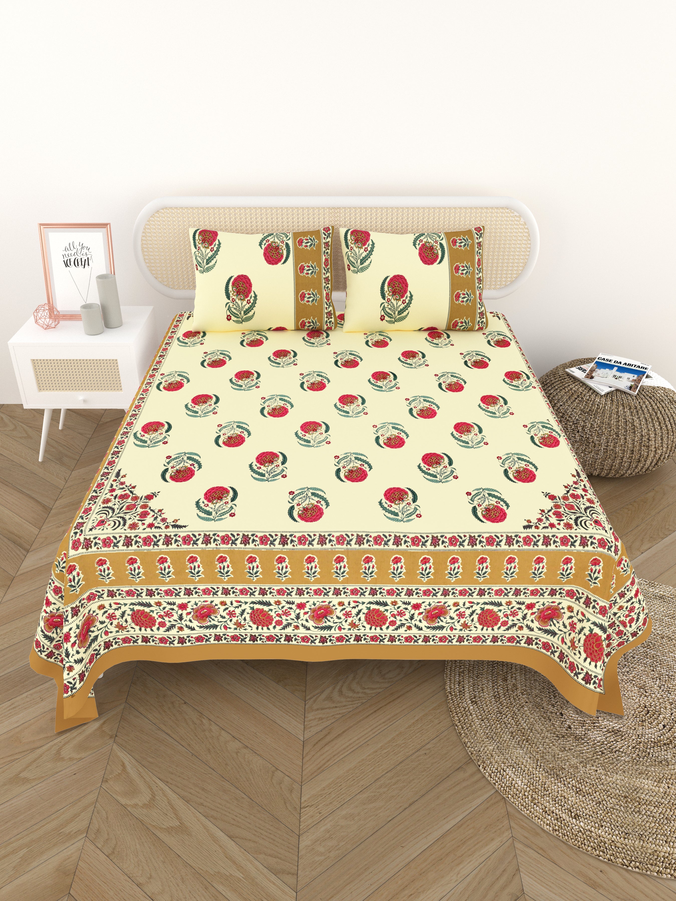 Cotton Printed Bedsheet with 2 Pillow Covers - (108 x 108 Inch)