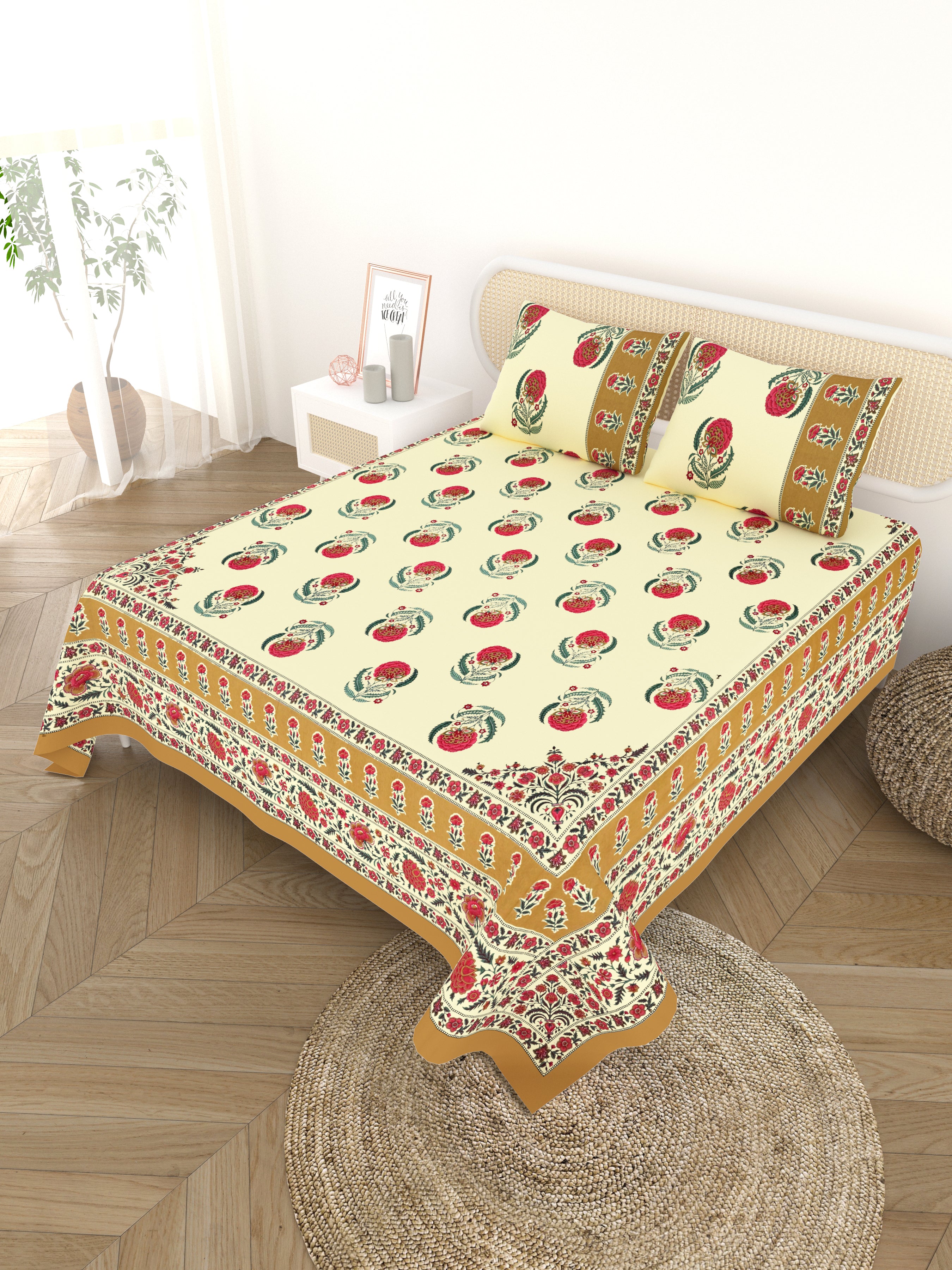 Cotton Printed Bedsheet with 2 Pillow Covers - (108 x 108 Inch)