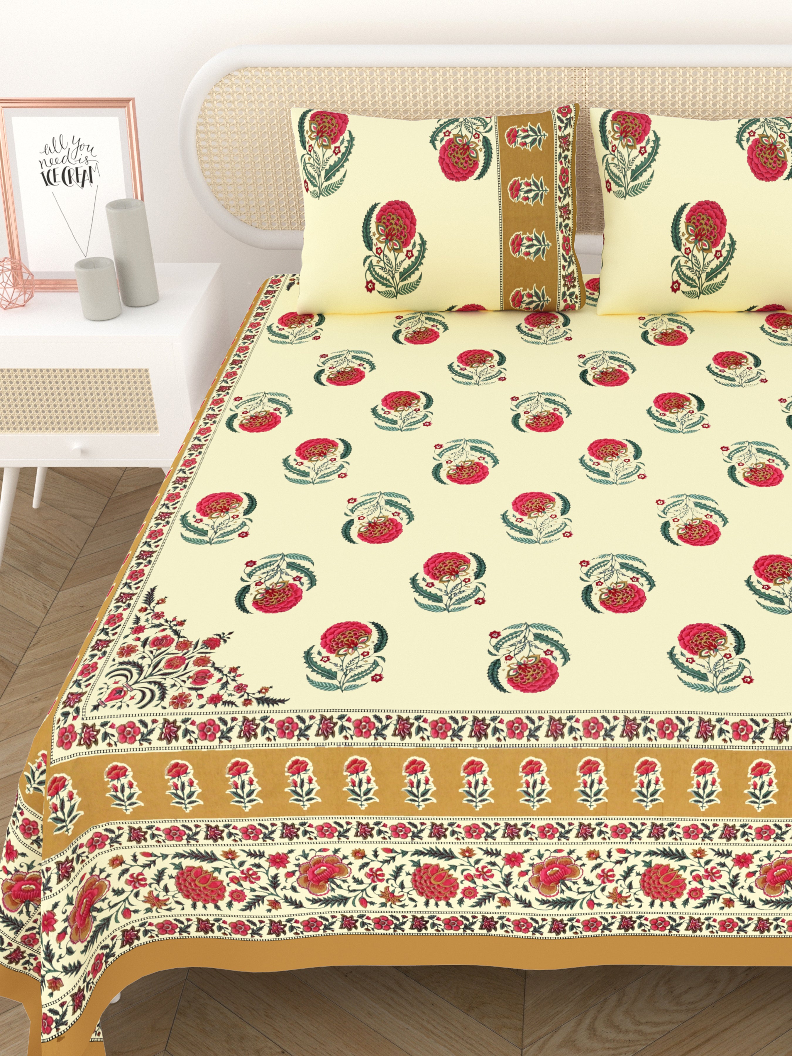 Cotton Printed Bedsheet with 2 Pillow Covers - (108 x 108 Inch)