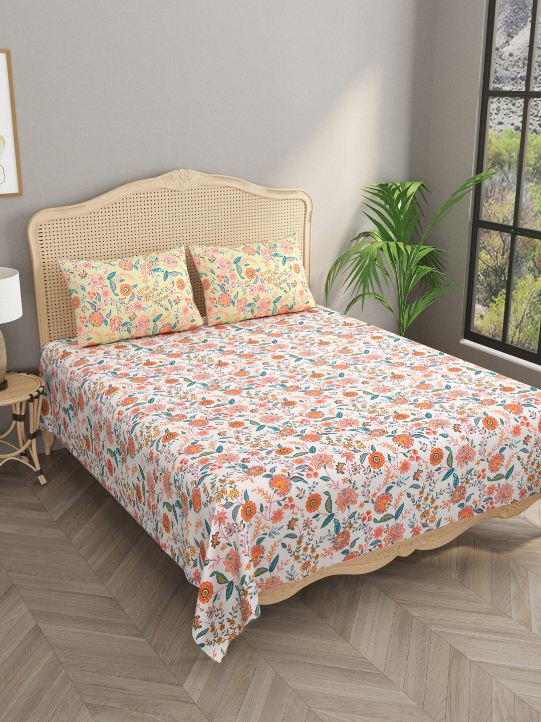 Floral Print Cotton Super King Bedsheet with 2 Reversible Pillow Covers