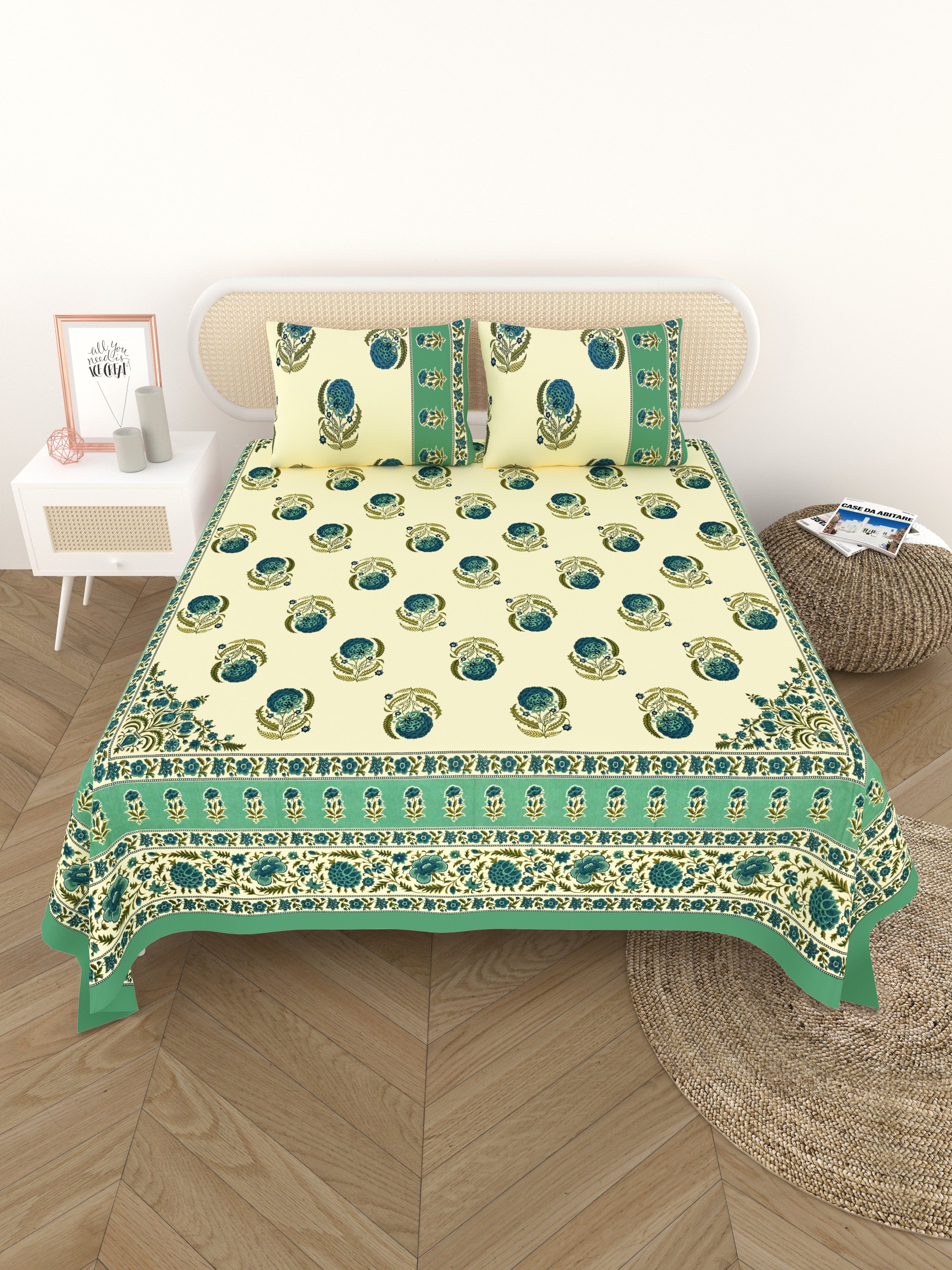 Cotton Printed Bedsheet with 2 Pillow Covers - (108 x 108 Inch)