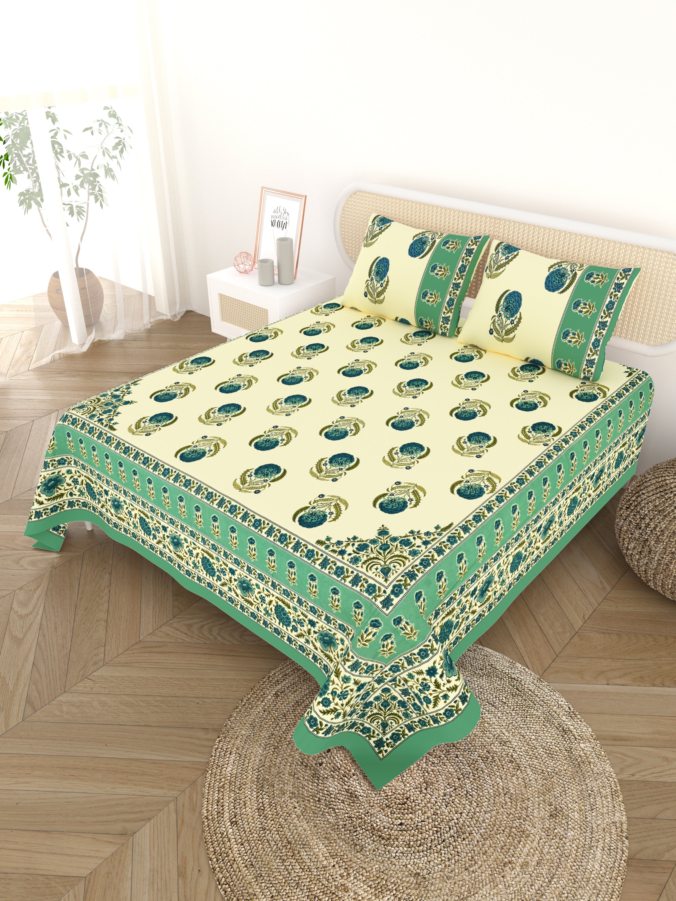 Cotton Printed Bedsheet with 2 Pillow Covers - (108 x 108 Inch)