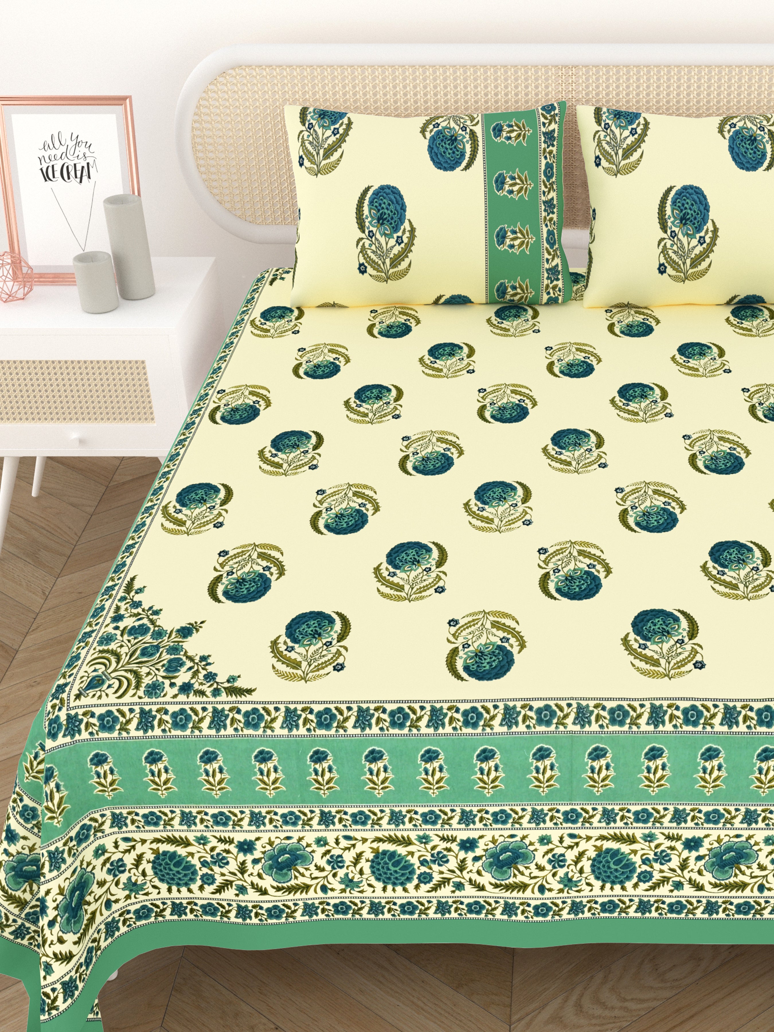 Cotton Printed Bedsheet with 2 Pillow Covers - (108 x 108 Inch)
