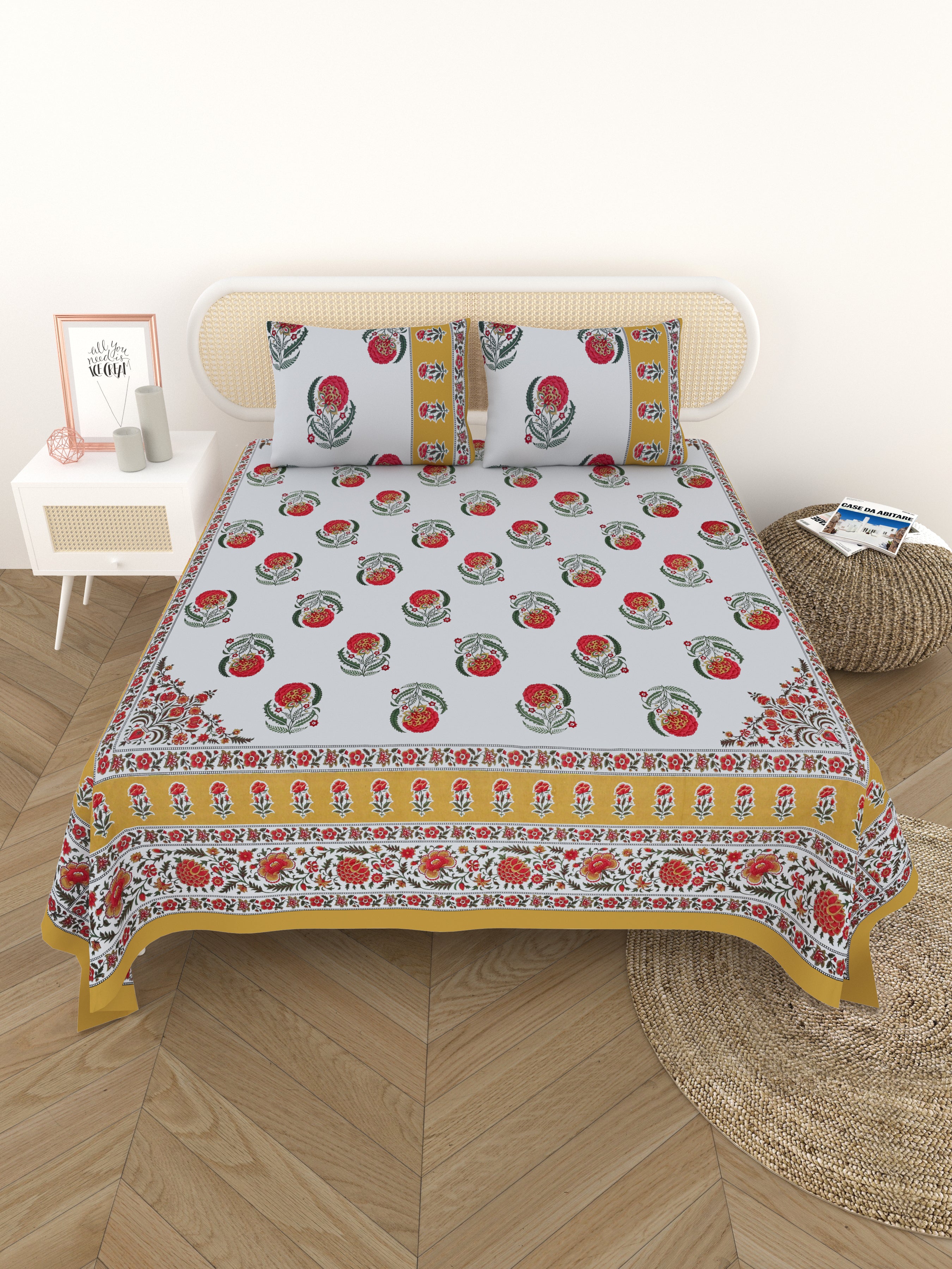 Cotton Printed Bedsheet with 2 Pillow Covers - (108 x 108 Inch)