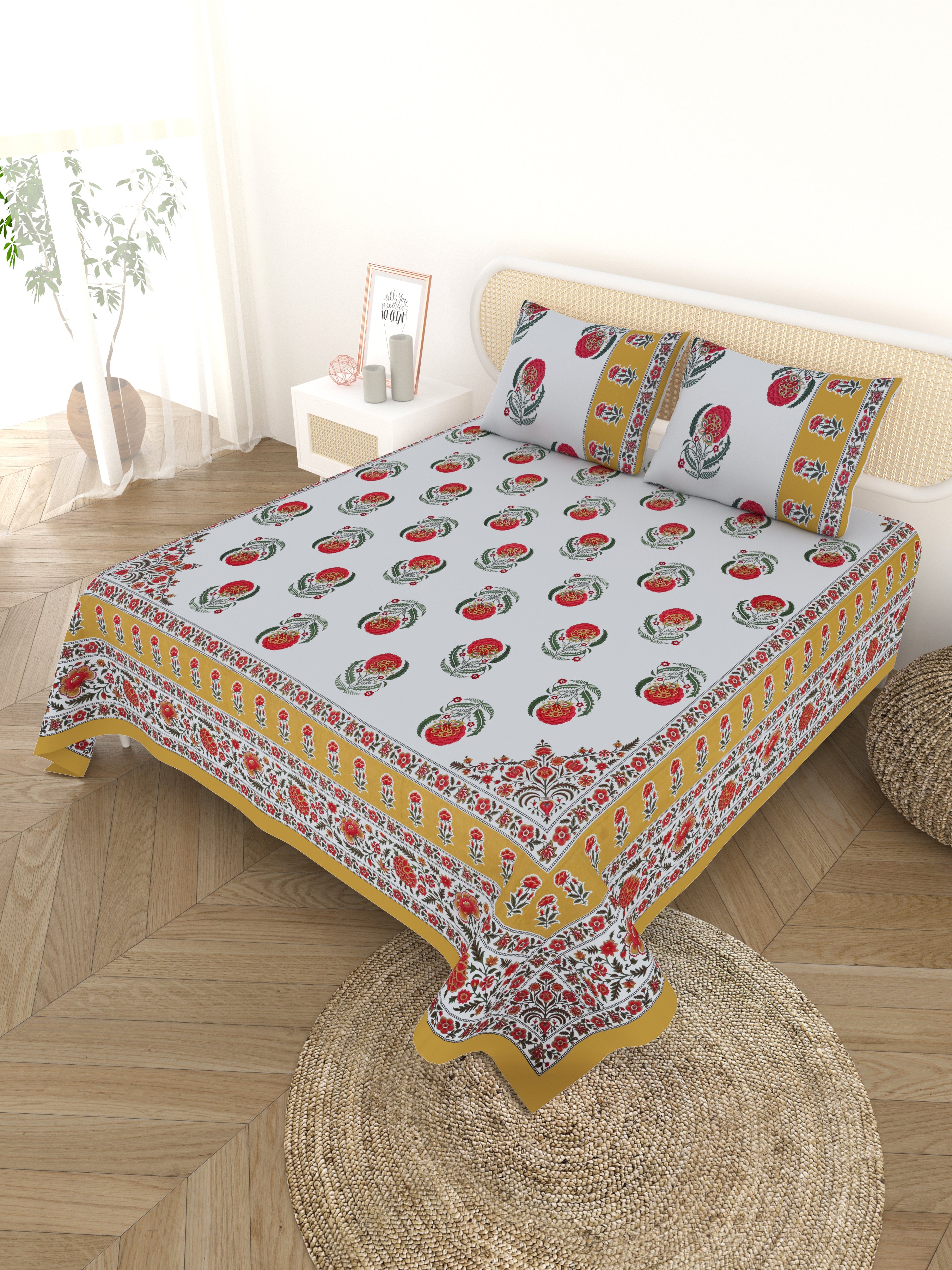 Cotton Printed Bedsheet with 2 Pillow Covers - (108 x 108 Inch)