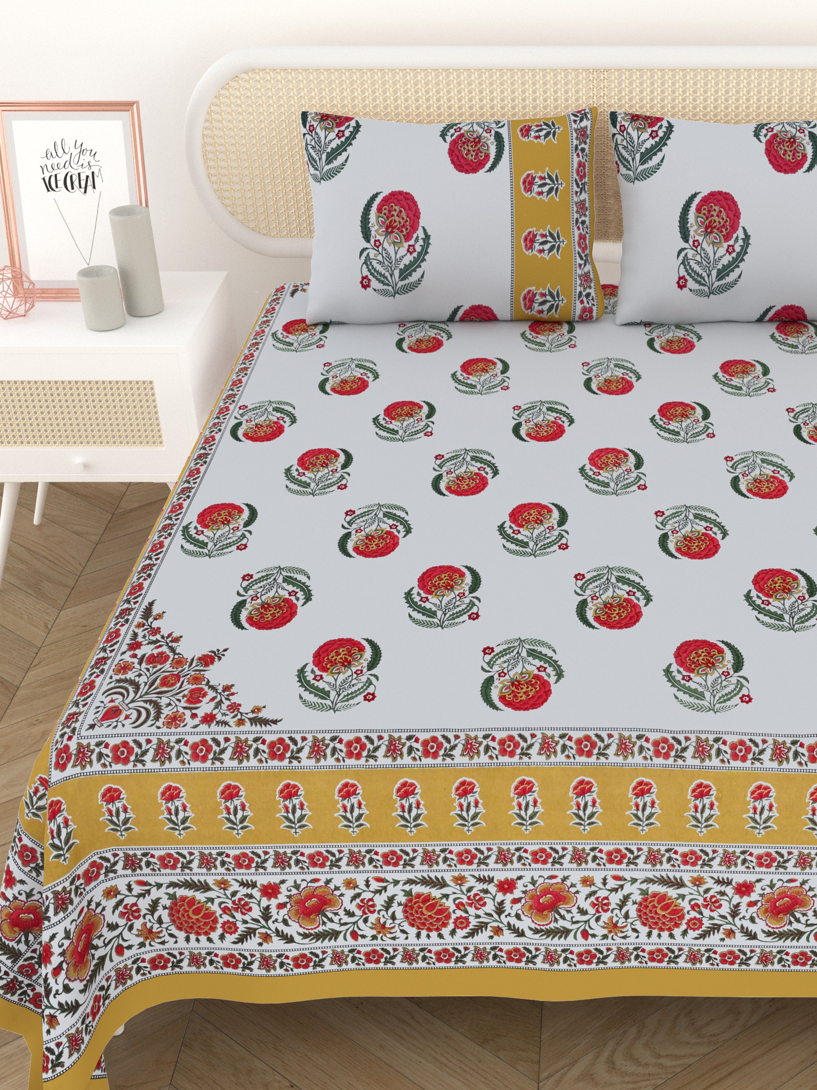 Cotton Printed Bedsheet with 2 Pillow Covers - (108 x 108 Inch)